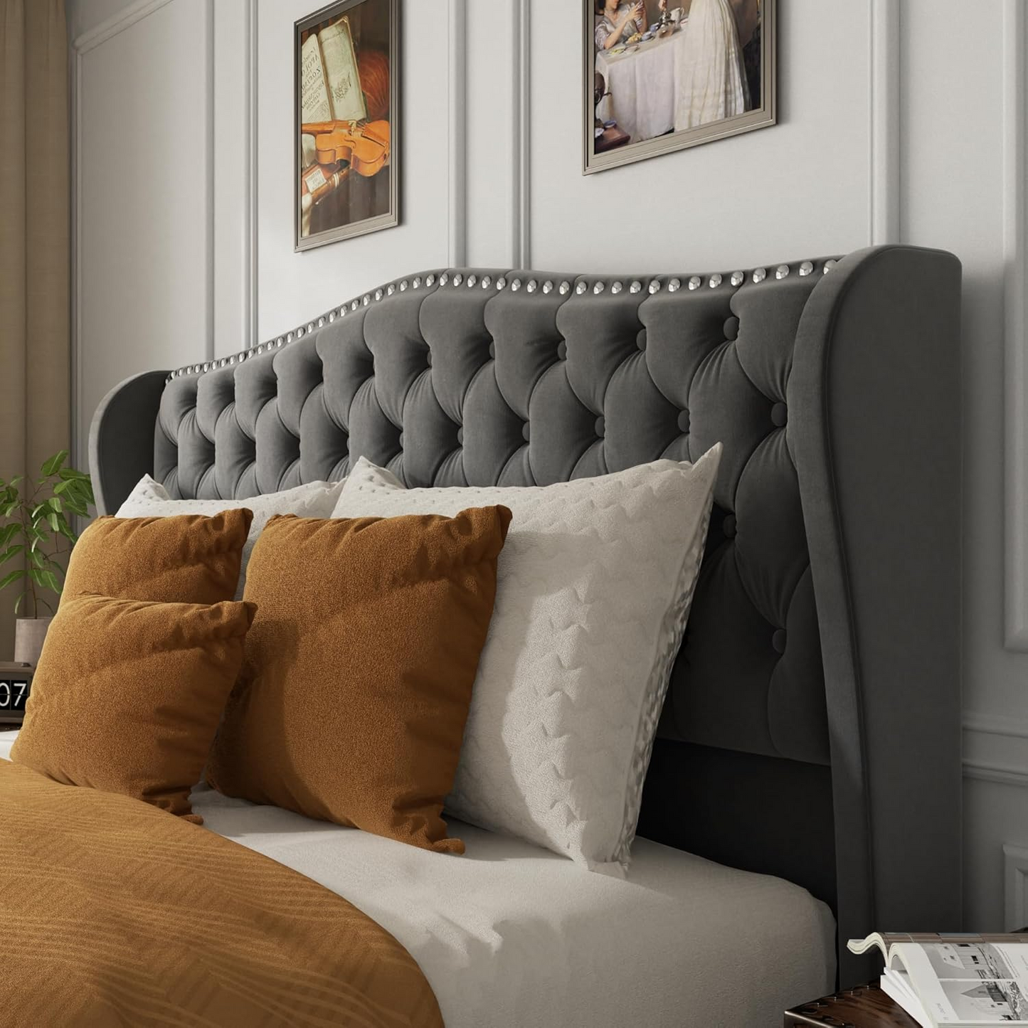 VIPLOV Queen Size Platform Bed Frame with 51-inch Tall Camelback Headboard & Wingback, Deep Button Tufted Footboard with Nailhead Trim