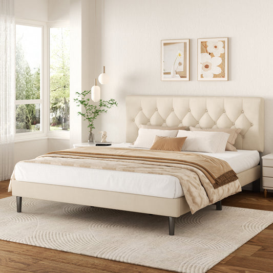 VIPLOV Bed Frame , Modern Fabric Upholstered Platform Bed Frame with Strong Wood Slat Support, Easy Assembly