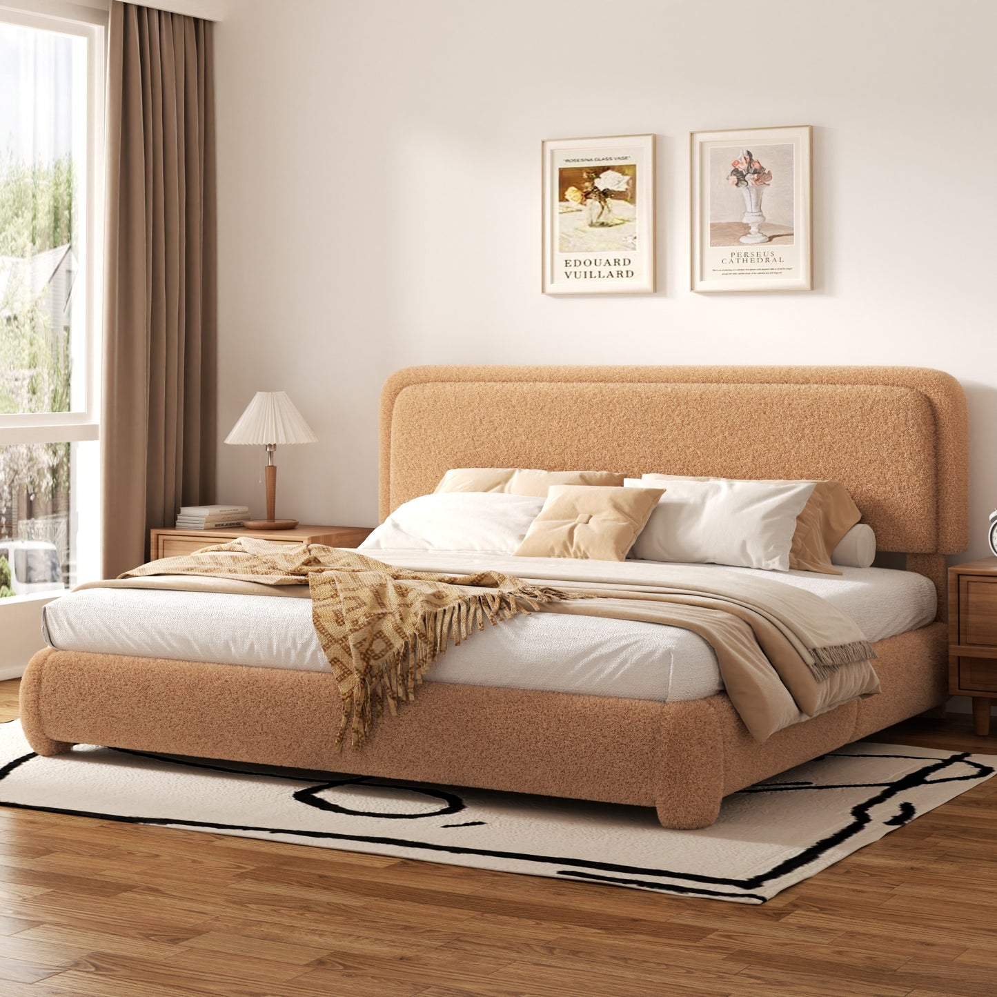 VIPLOV Size Boucle Bed Frame, Cloud Upholstered Platform Bed with Height Adjustable Headboard & Soft Rounded Corners, No Noise Free, Easy Assembly