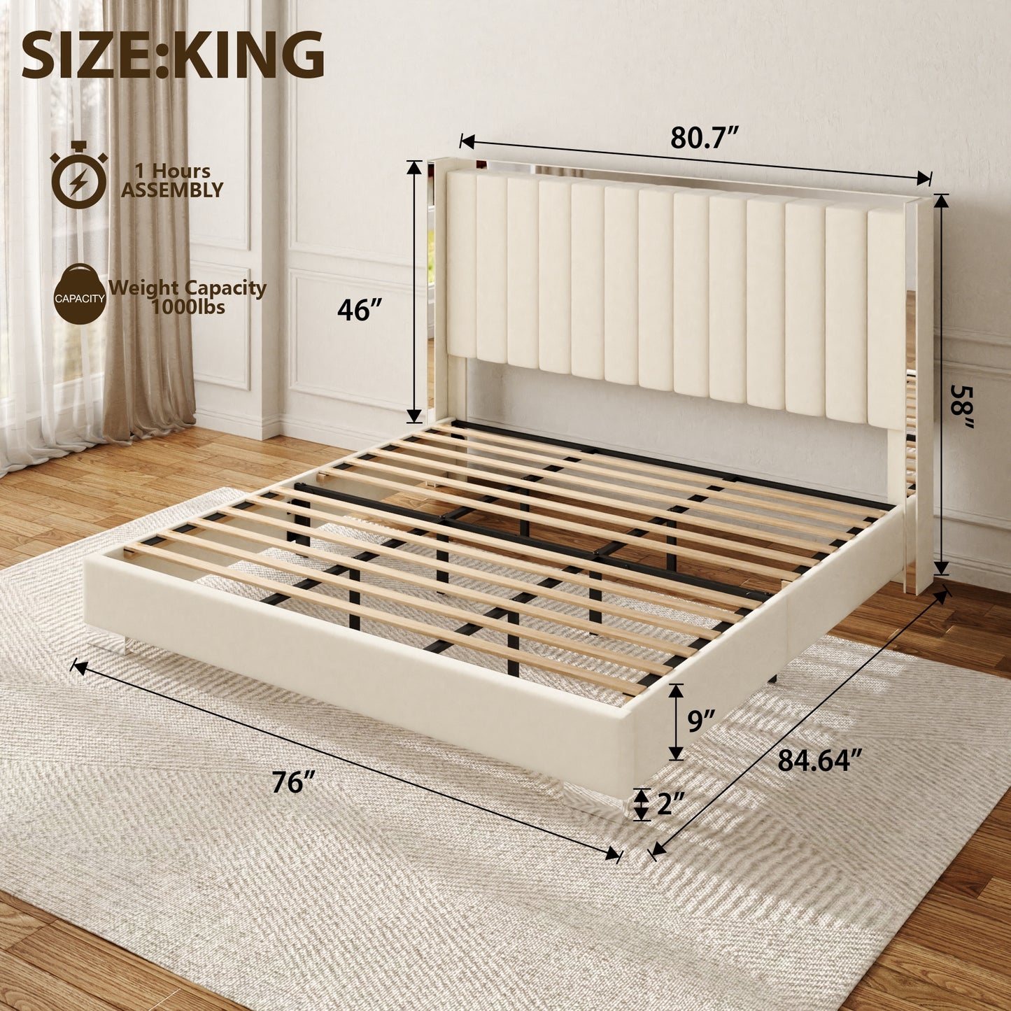 VIPLOV  Bed Frame with 58" High Headboard, Chenille Platform Bed Frame with Comfortable Upholstered Headboard, Mattress Foundation, No Box Spring Required, Cream