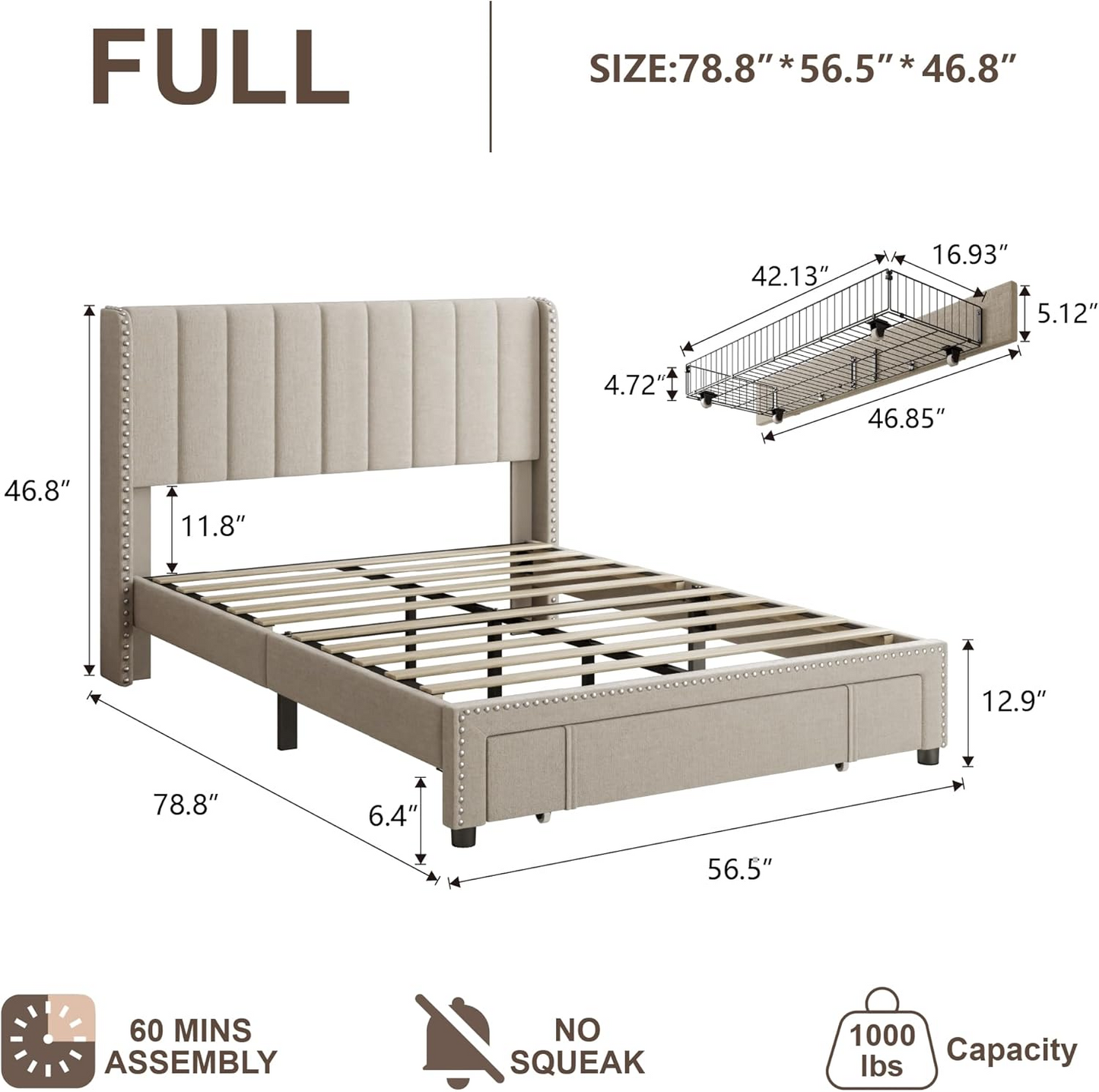VIPLOV Size Upholstered Platform Bed Frame with Storage Drawer, Vertical Channel Tufted Wingback and Rivet Decor Headboard