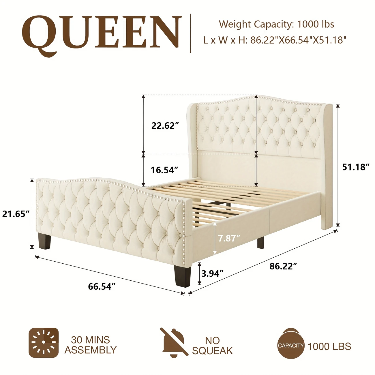 VIPLOV Queen Size Platform Bed Frame with 51-inch Tall Camelback Headboard & Wingback, Deep Button Tufted Footboard with Nailhead Trim