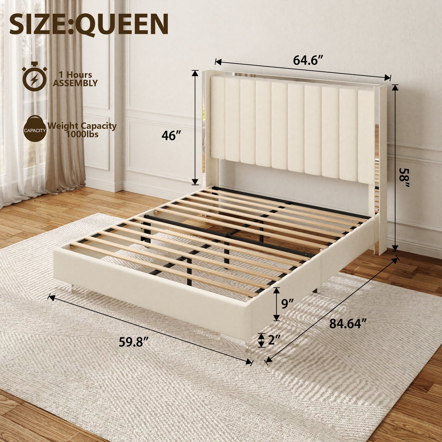 VIPLOV  Bed Frame with 58" High Headboard, Chenille Platform Bed Frame with Comfortable Upholstered Headboard, Mattress Foundation, No Box Spring Required, Cream