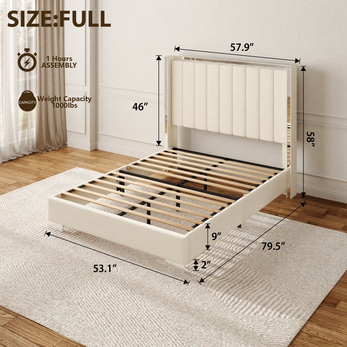 VIPLOV  Bed Frame with 58" High Headboard, Chenille Platform Bed Frame with Comfortable Upholstered Headboard, Mattress Foundation, No Box Spring Required, Cream