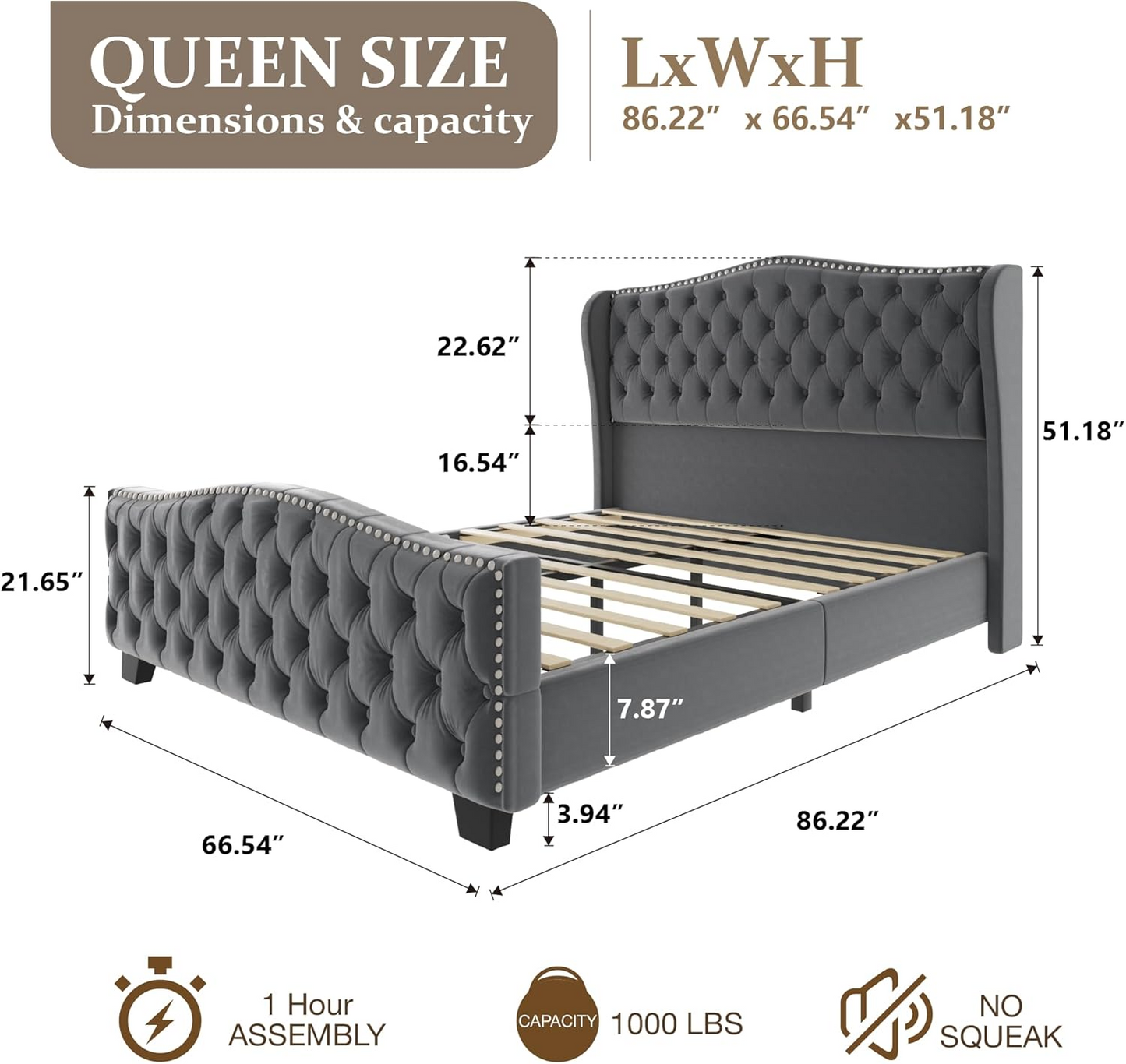 VIPLOV Queen Size Platform Bed Frame with 51-inch Tall Camelback Headboard & Wingback, Deep Button Tufted Footboard with Nailhead Trim