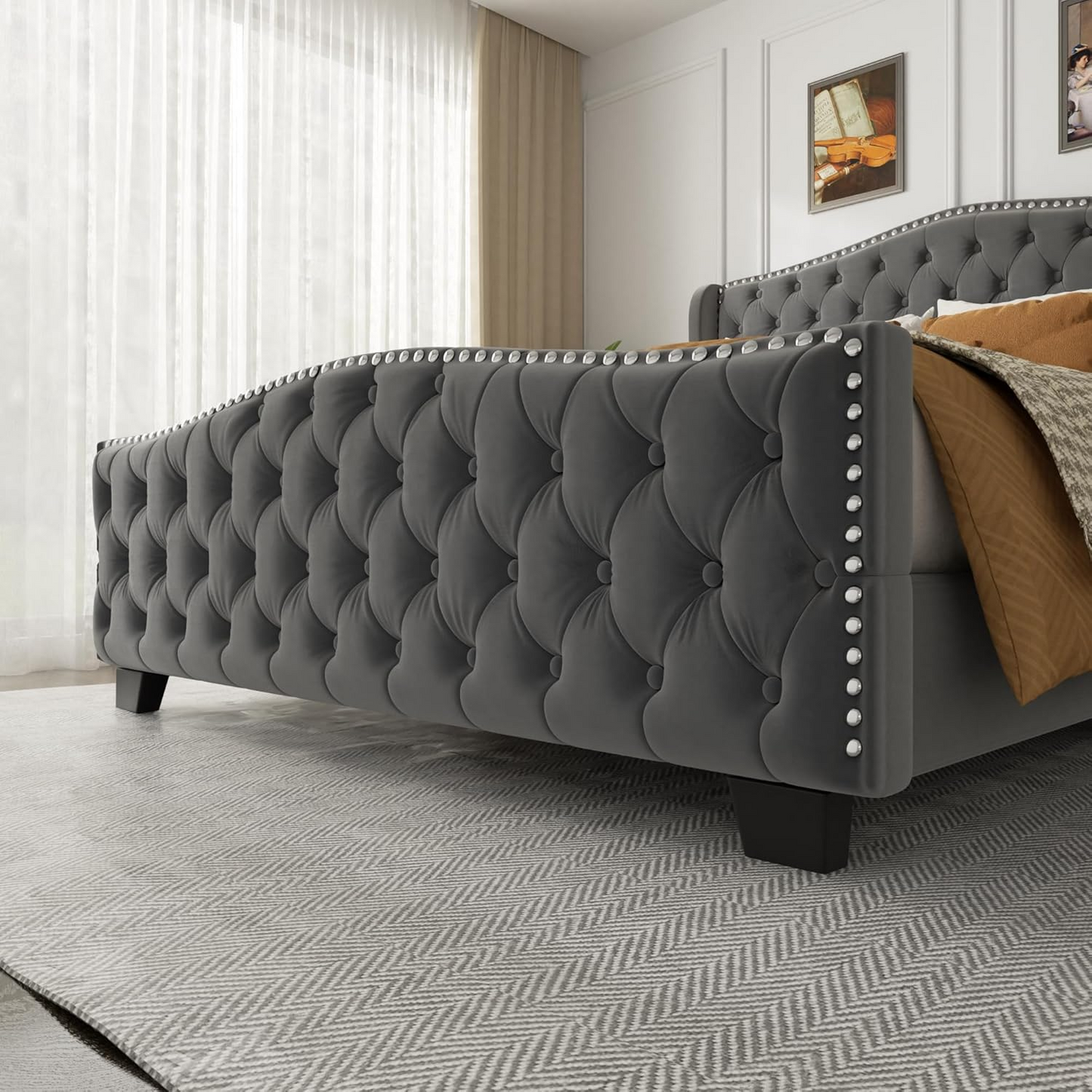 VIPLOV Queen Size Platform Bed Frame with 51-inch Tall Camelback Headboard & Wingback, Deep Button Tufted Footboard with Nailhead Trim