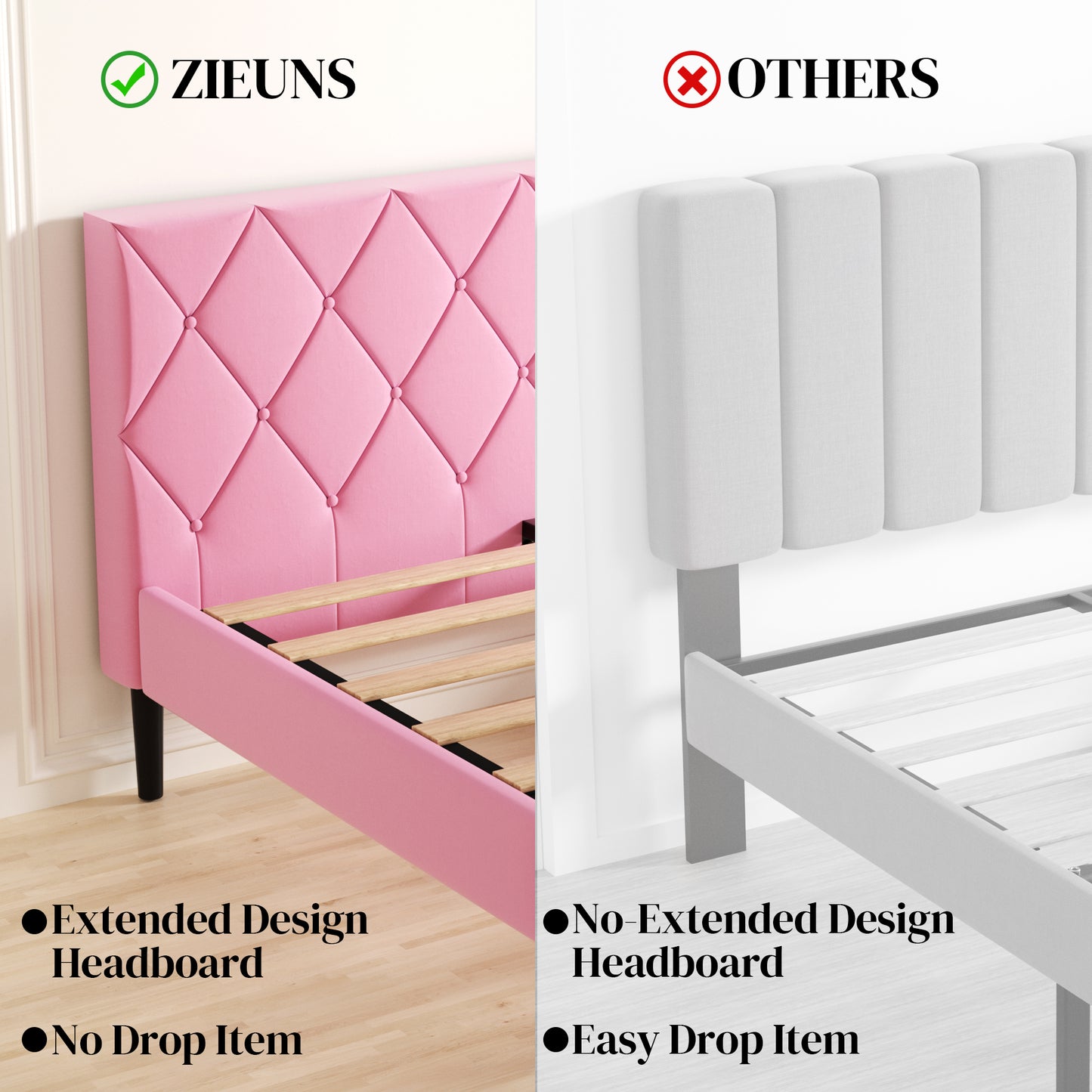 VIPLOV  Bed Frame, Upholstered Platform Bed Frame with Button Tufted Headboard, Mattress Foundation, Wooden Slats Support, Super Easy Assembly,Pink