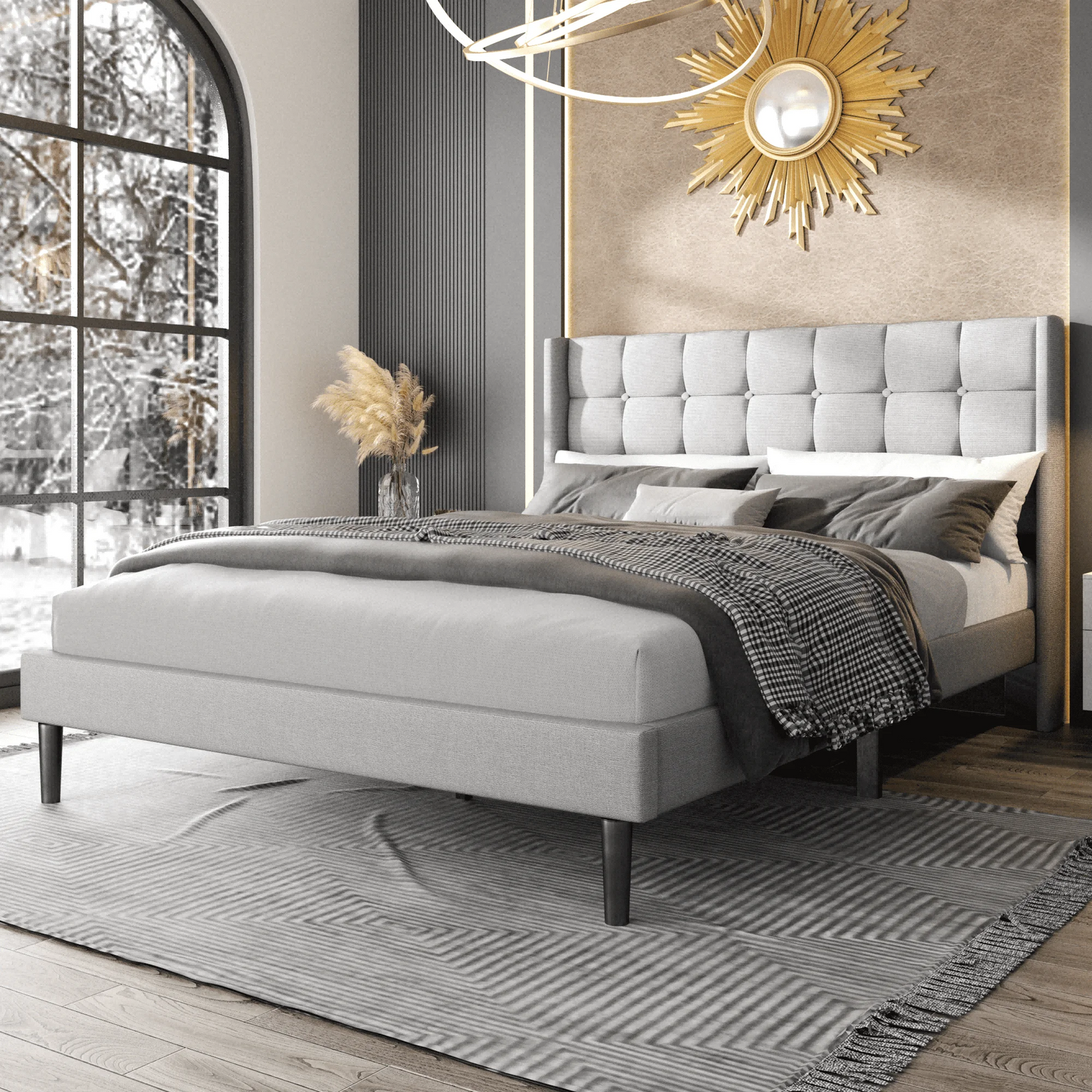 VIPLOV Bed Frame with Tufted Headboard and Upholstered Backrest, Modern Platform Bed with Wood Slat Support, No Box Spring Needed, Easy Assembly