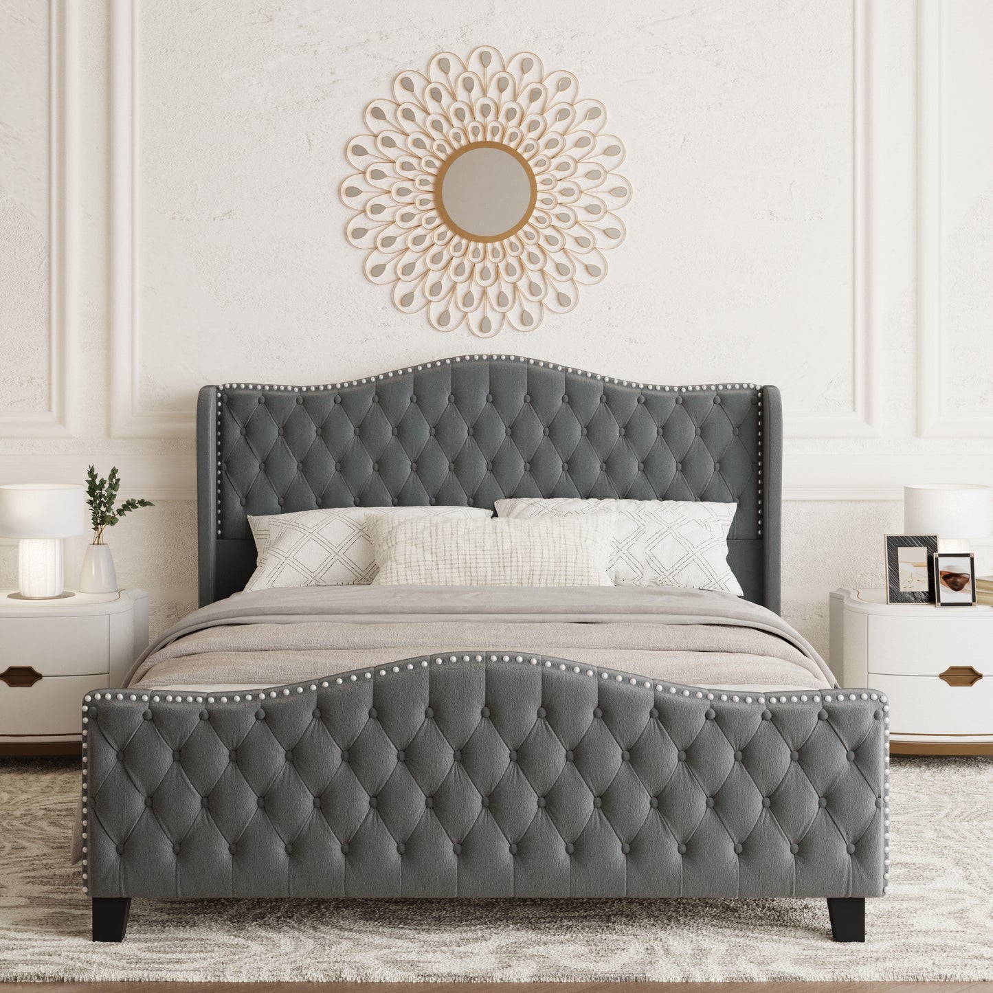 VIPLOV Queen Size Platform Bed Frame with 51-inch Tall Camelback Headboard & Wingback, Deep Button Tufted Footboard with Nailhead Trim