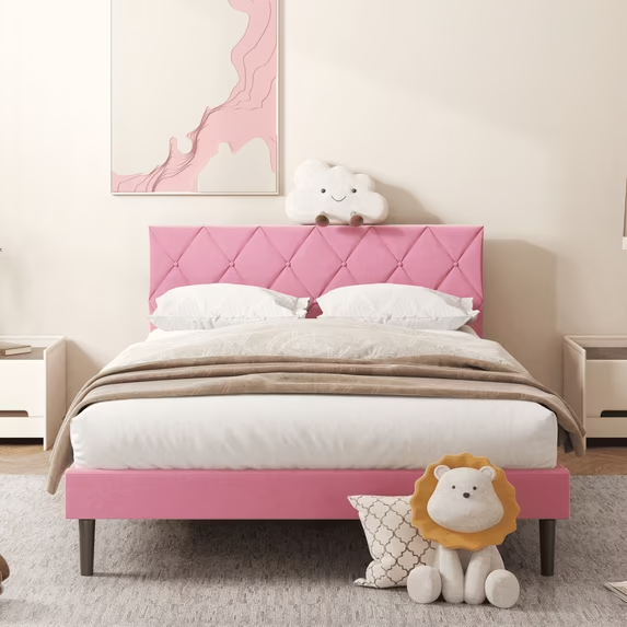 VIPLOV  Bed Frame, Upholstered Platform Bed Frame with Button Tufted Headboard, Mattress Foundation, Wooden Slats Support, Super Easy Assembly,Pink