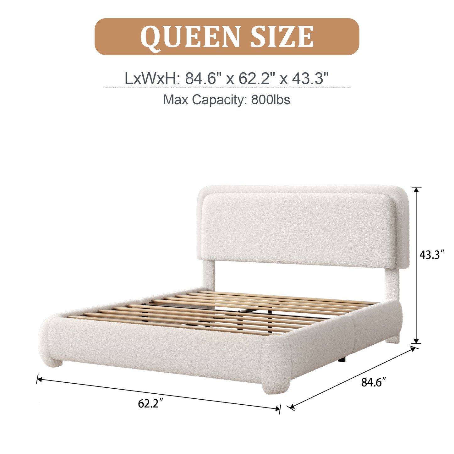 VIPLOV Size Boucle Bed Frame, Cloud Upholstered Platform Bed with Height Adjustable Headboard & Soft Rounded Corners, No Noise Free, Easy Assembly