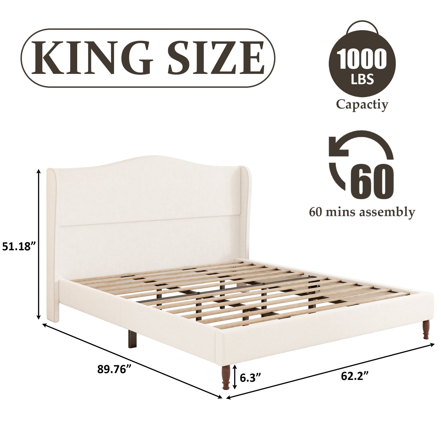 VIPLOV Bed Frame with 51" Tall Headboard, Chenille Upholstered Platform Bed Frames , No Box Spring Needed, Noise Free, Easy Assembly, Beige