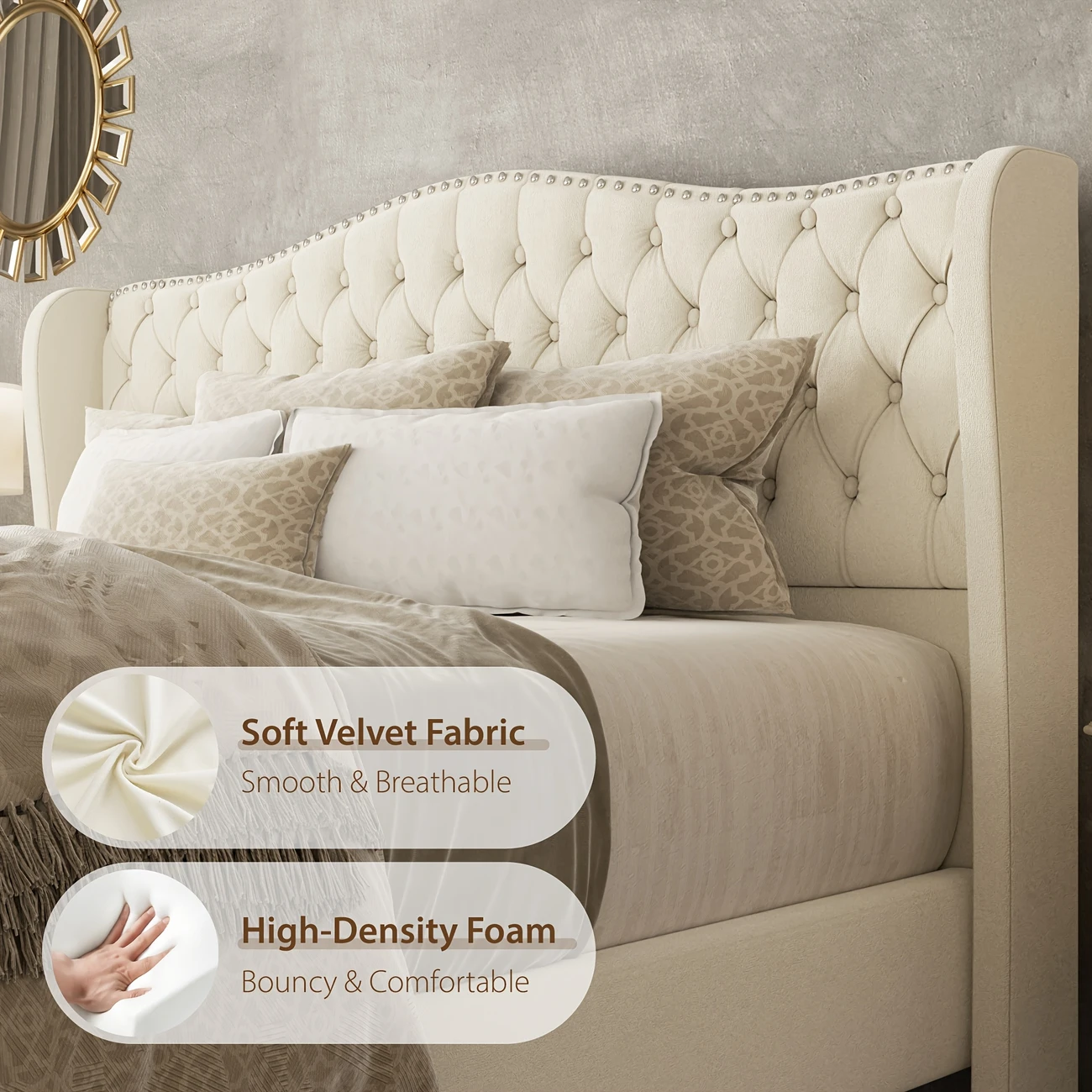 VIPLOV Queen Size Platform Bed Frame with 51-inch Tall Camelback Headboard & Wingback, Deep Button Tufted Footboard with Nailhead Trim