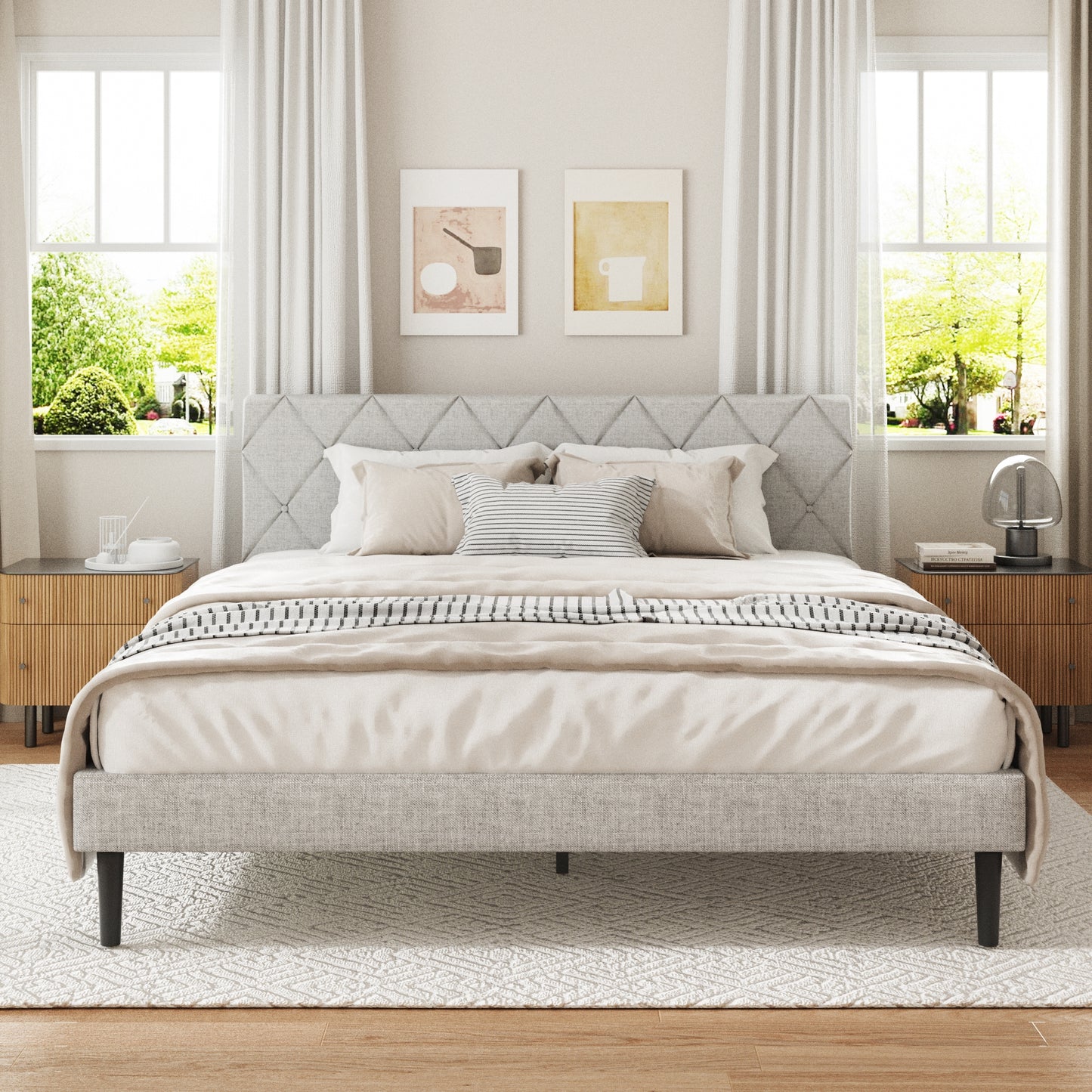 VIPLOV  Bed Frame, Upholstered Platform Bed Frame with Button Tufted Headboard, Mattress Foundation, Wooden Slats Support, Super Easy Assembly,Pink