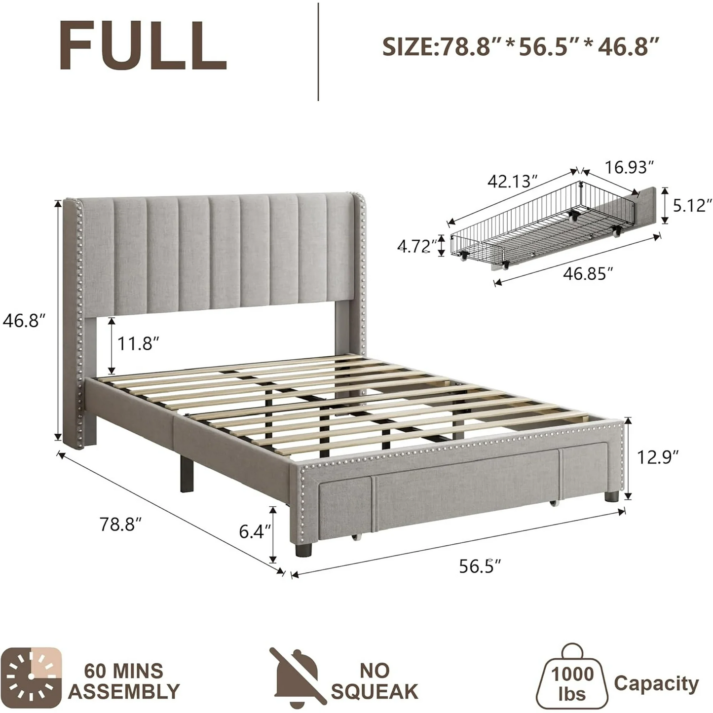 VIPLOV Size Upholstered Platform Bed Frame with Storage Drawer, Vertical Channel Tufted Wingback and Rivet Decor Headboard