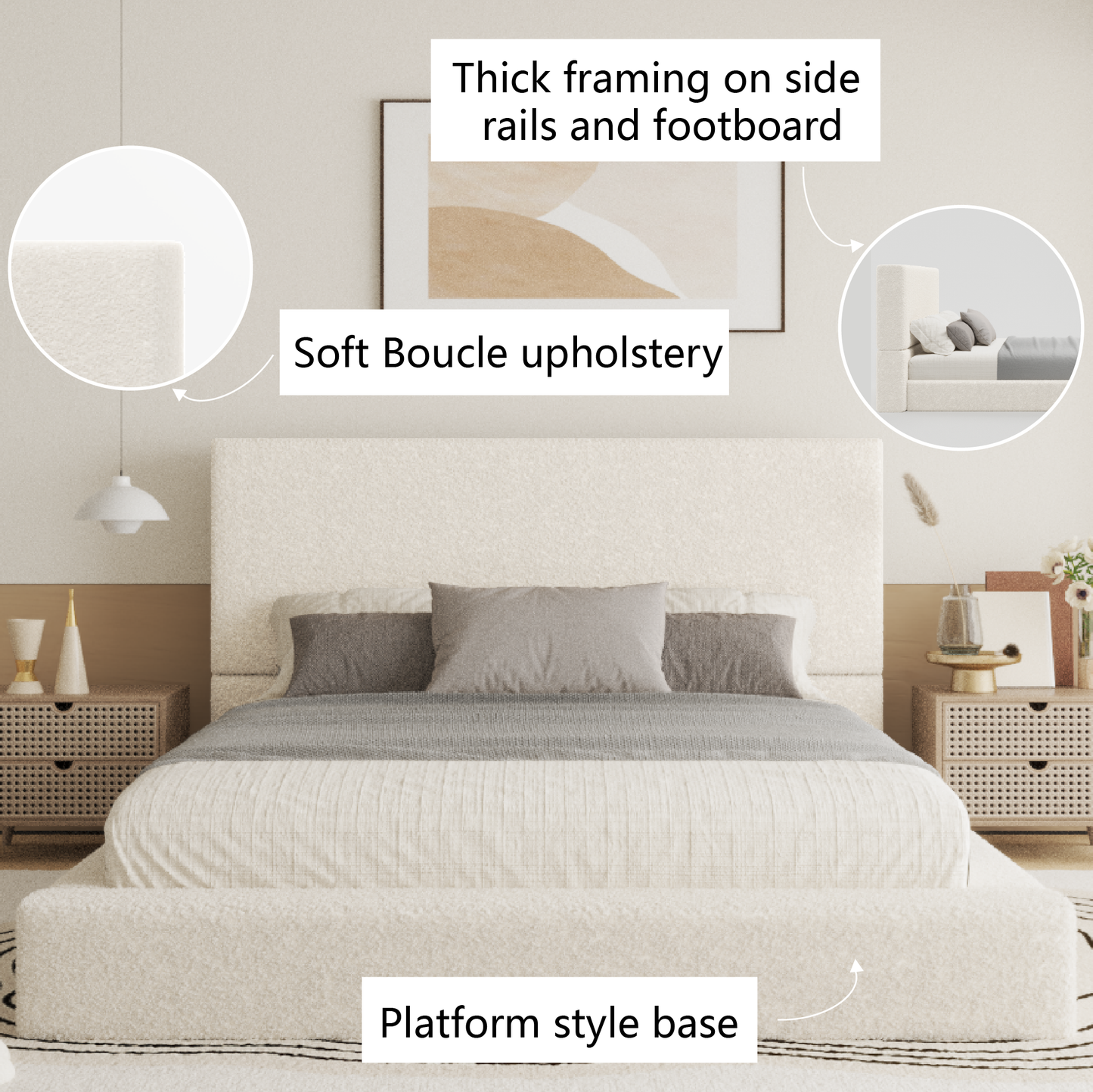 VIPLOV Boucle  Bed Base, Upholstered Platform Floor Bed with Headboard, Soft Cloud Bed with Thickened Wide Headboard, Easy Assembly, Cream