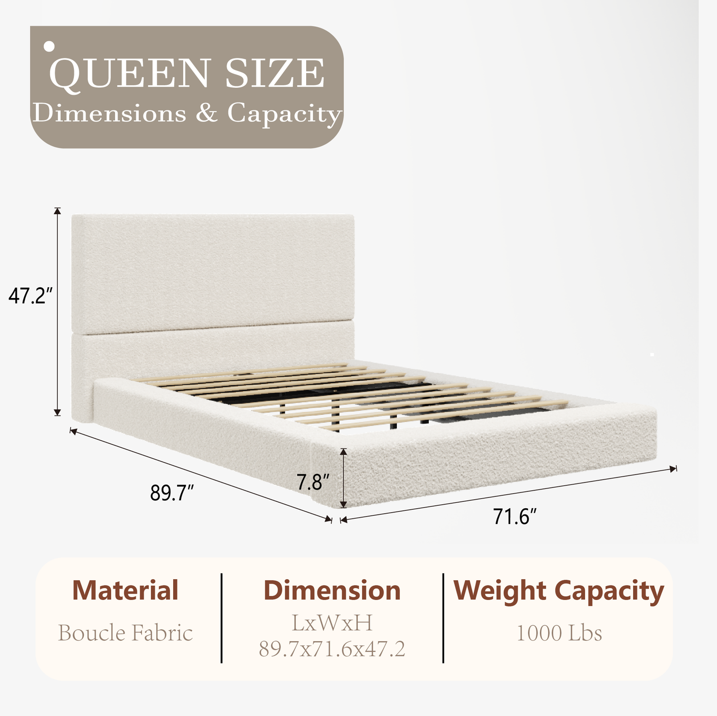 VIPLOV Boucle  Bed Base, Upholstered Platform Floor Bed with Headboard, Soft Cloud Bed with Thickened Wide Headboard, Easy Assembly, Cream