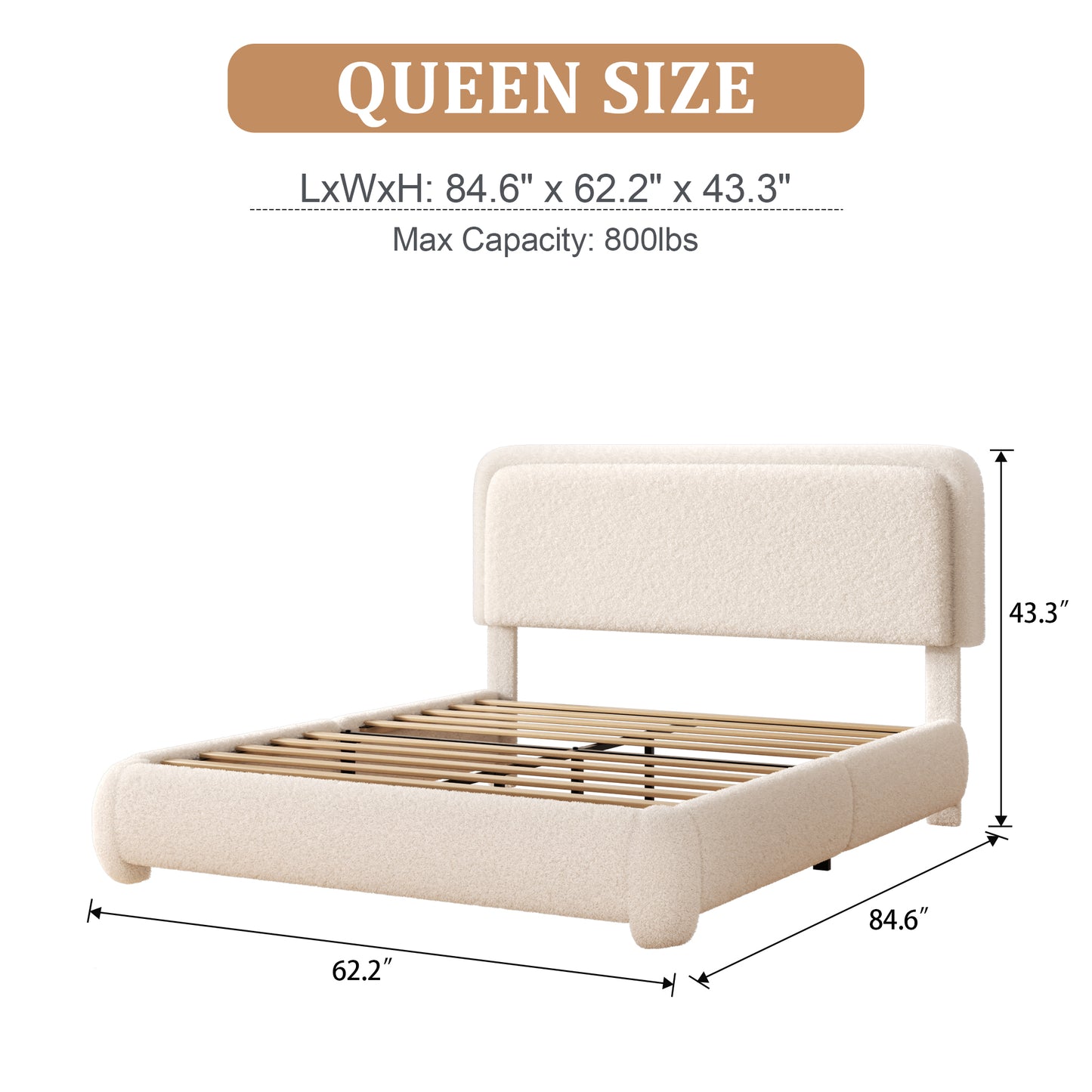 VIPLOV Size Boucle Bed Frame, Cloud Upholstered Platform Bed with Height Adjustable Headboard & Soft Rounded Corners, No Noise Free, Easy Assembly