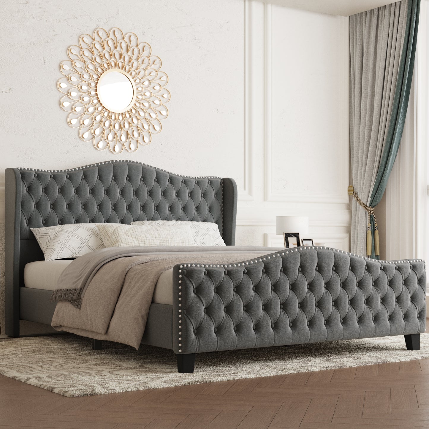 VIPLOV Queen Size Platform Bed Frame with 51-inch Tall Camelback Headboard & Wingback, Deep Button Tufted Footboard with Nailhead Trim