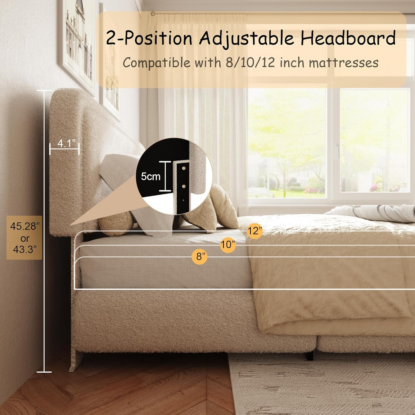 VIPLOV Size Boucle Bed Frame, Cloud Upholstered Platform Bed with Height Adjustable Headboard & Soft Rounded Corners, No Noise Free, Easy Assembly