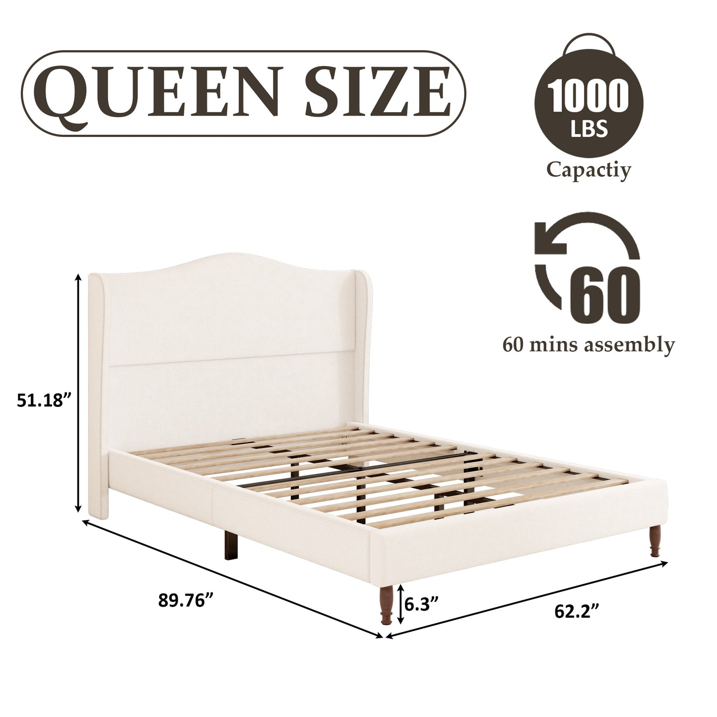 VIPLOV Bed Frame with 51" Tall Headboard, Chenille Upholstered Platform Bed Frames , No Box Spring Needed, Noise Free, Easy Assembly, Beige