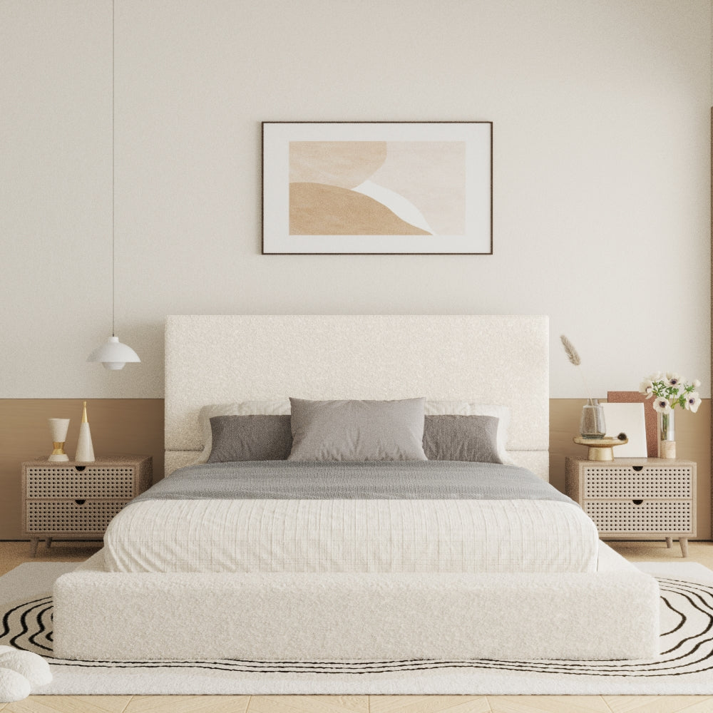 VIPLOV Boucle  Bed Base, Upholstered Platform Floor Bed with Headboard, Soft Cloud Bed with Thickened Wide Headboard, Easy Assembly, Cream