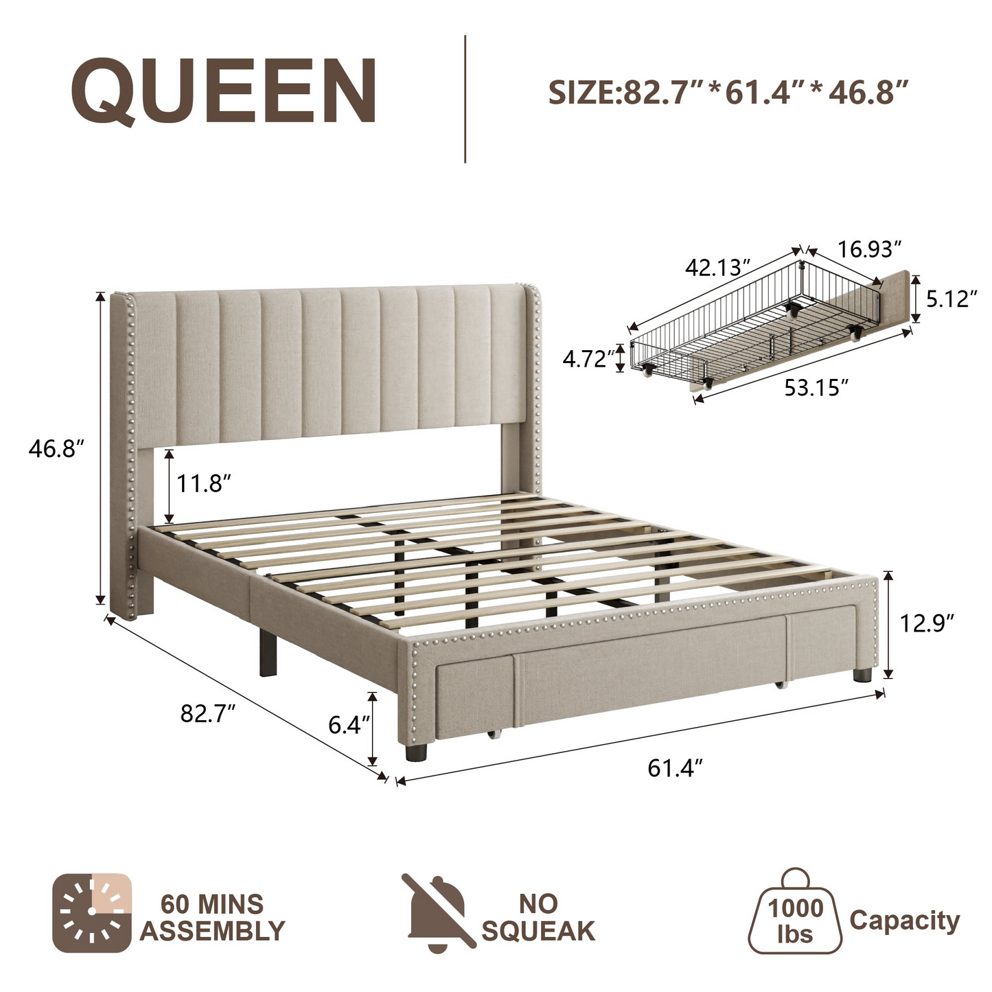 VIPLOV Size Upholstered Platform Bed Frame with Storage Drawer, Vertical Channel Tufted Wingback and Rivet Decor Headboard
