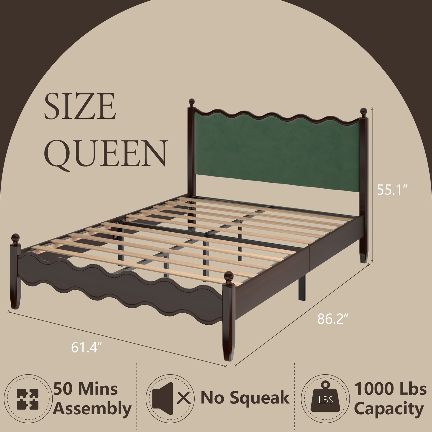 VIPLOV Wood Bed Frame with Vintage Wave Headboard, Leather Upholstered Bed Frame, Mattress Foundation, Easy Assembly