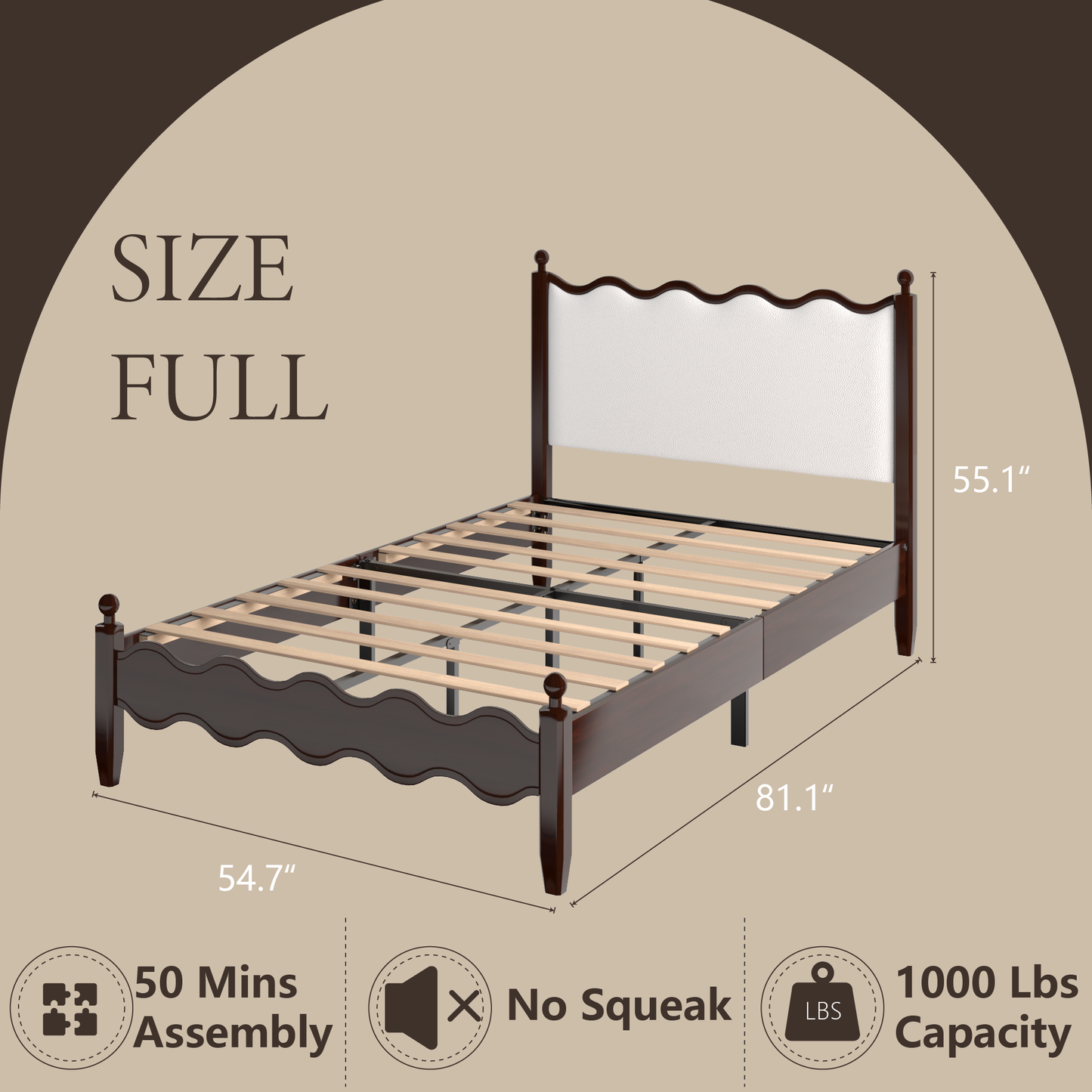 VIPLOV Wood Bed Frame with Vintage Wave Headboard, Leather Upholstered Bed Frame, Mattress Foundation, Easy Assembly