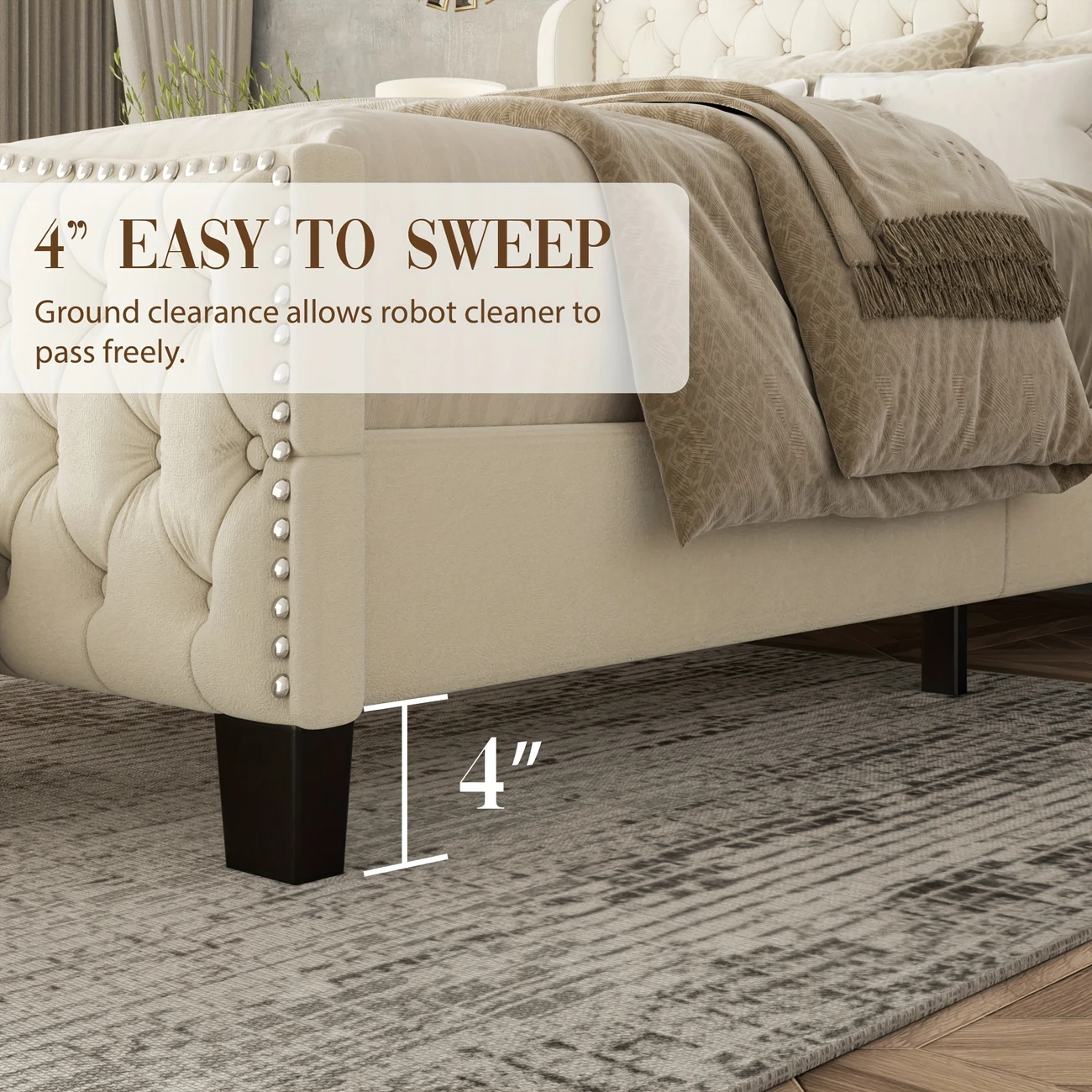 VIPLOV Queen Size Platform Bed Frame with 51-inch Tall Camelback Headboard & Wingback, Deep Button Tufted Footboard with Nailhead Trim