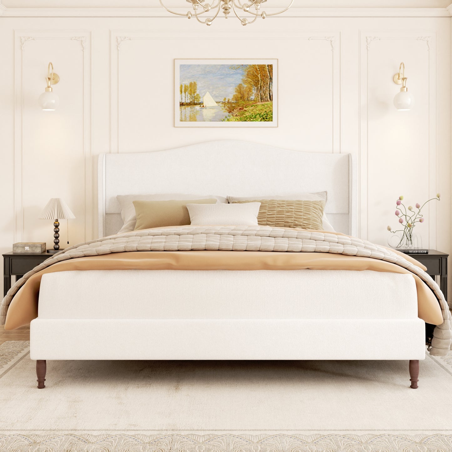 VIPLOV Bed Frame with 51" Tall Headboard, Chenille Upholstered Platform Bed Frames , No Box Spring Needed, Noise Free, Easy Assembly, Beige