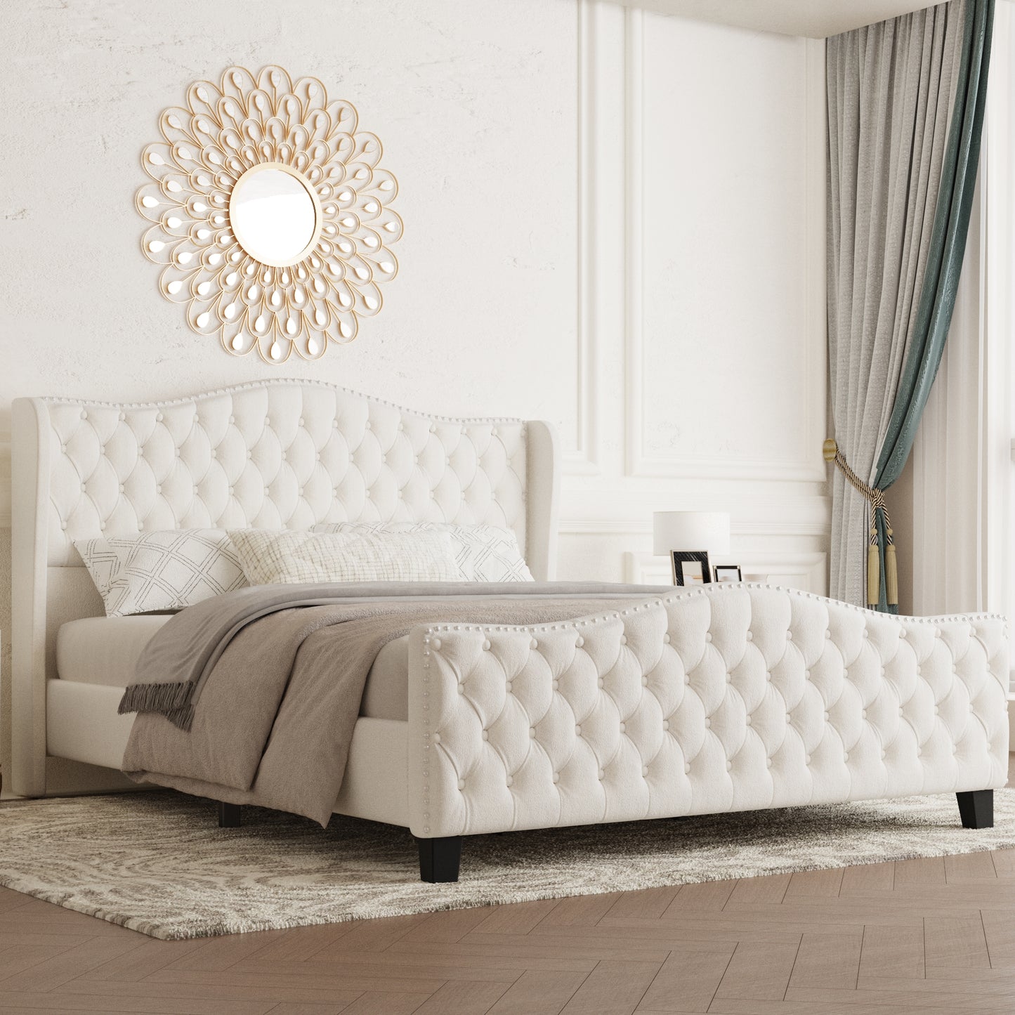 VIPLOV Queen Size Platform Bed Frame with 51-inch Tall Camelback Headboard & Wingback, Deep Button Tufted Footboard with Nailhead Trim