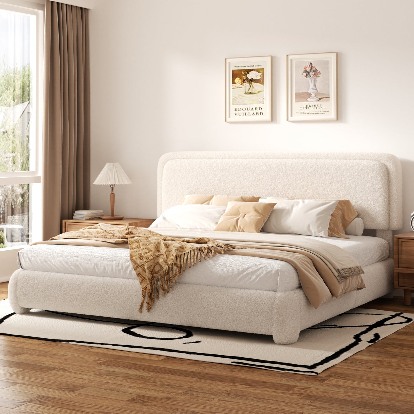 VIPLOV Size Boucle Bed Frame, Cloud Upholstered Platform Bed with Height Adjustable Headboard & Soft Rounded Corners, No Noise Free, Easy Assembly