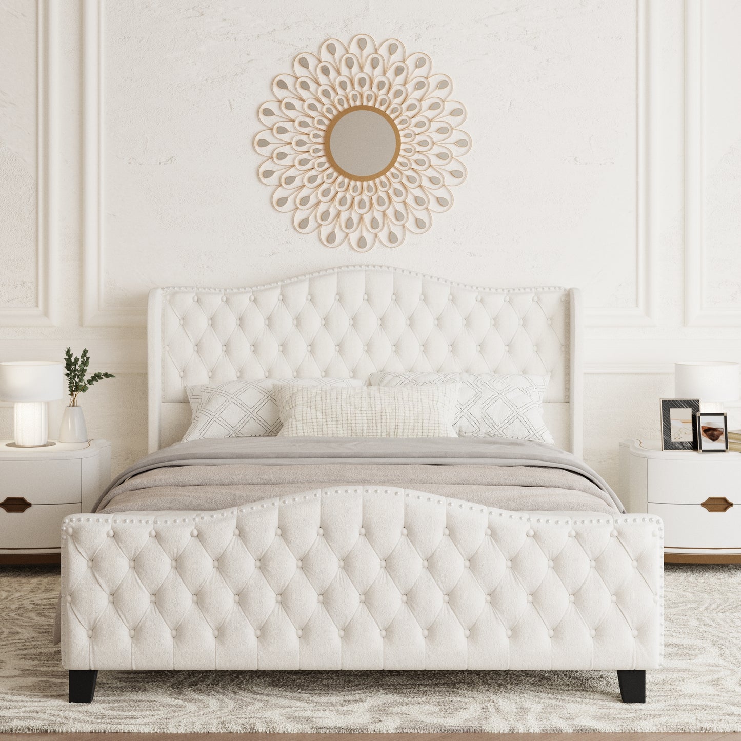 VIPLOV Queen Size Platform Bed Frame with 51-inch Tall Camelback Headboard & Wingback, Deep Button Tufted Footboard with Nailhead Trim