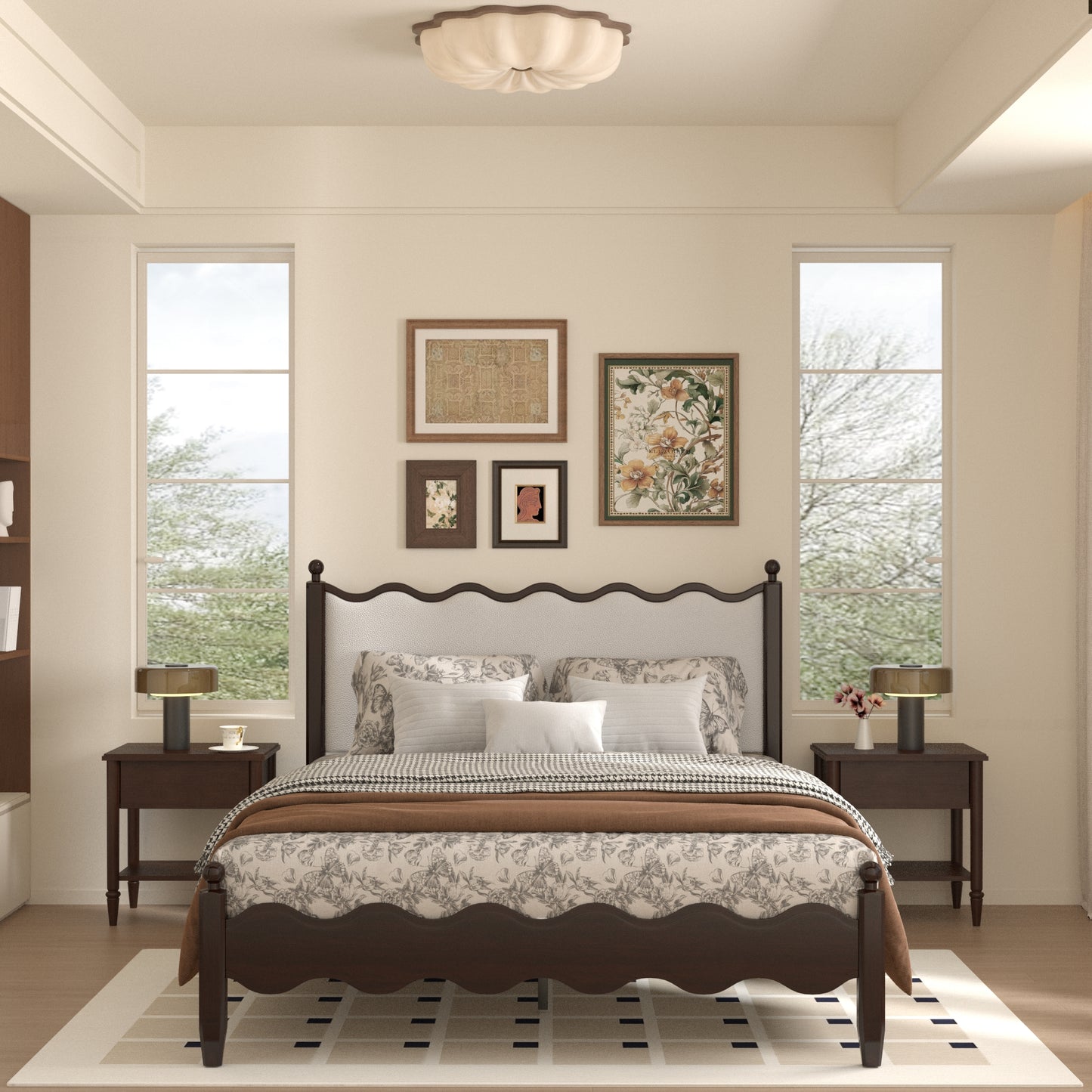 VIPLOV Wood Bed Frame with Vintage Wave Headboard, Leather Upholstered Bed Frame, Mattress Foundation, Easy Assembly