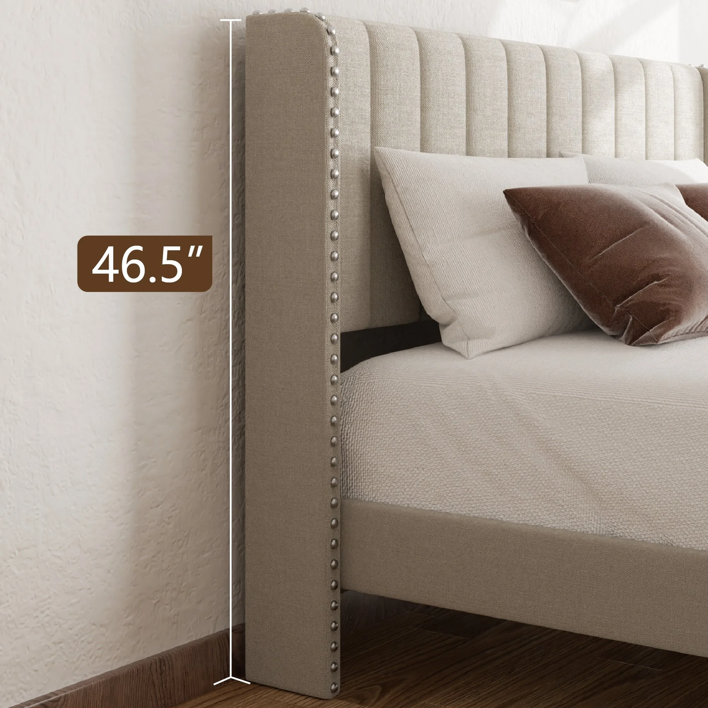 VIPLOV Size Upholstered Platform Bed Frame with Storage Drawer, Vertical Channel Tufted Wingback and Rivet Decor Headboard