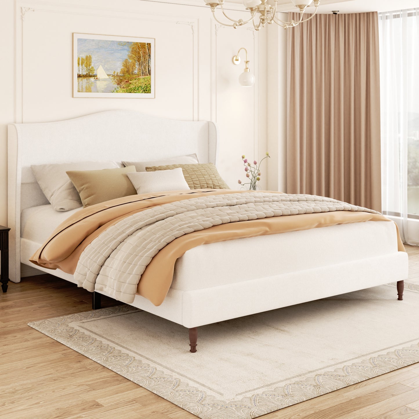 VIPLOV Bed Frame with 51" Tall Headboard, Chenille Upholstered Platform Bed Frames , No Box Spring Needed, Noise Free, Easy Assembly, Beige