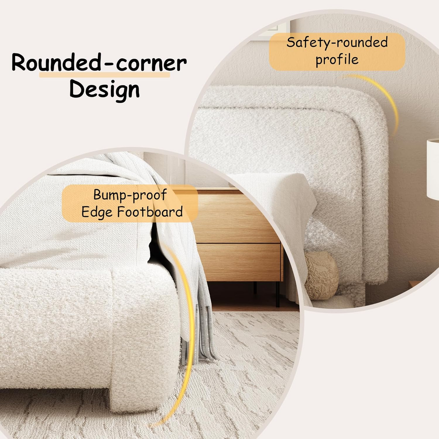 VIPLOV Size Boucle Bed Frame, Cloud Upholstered Platform Bed with Height Adjustable Headboard & Soft Rounded Corners, No Noise Free, Easy Assembly