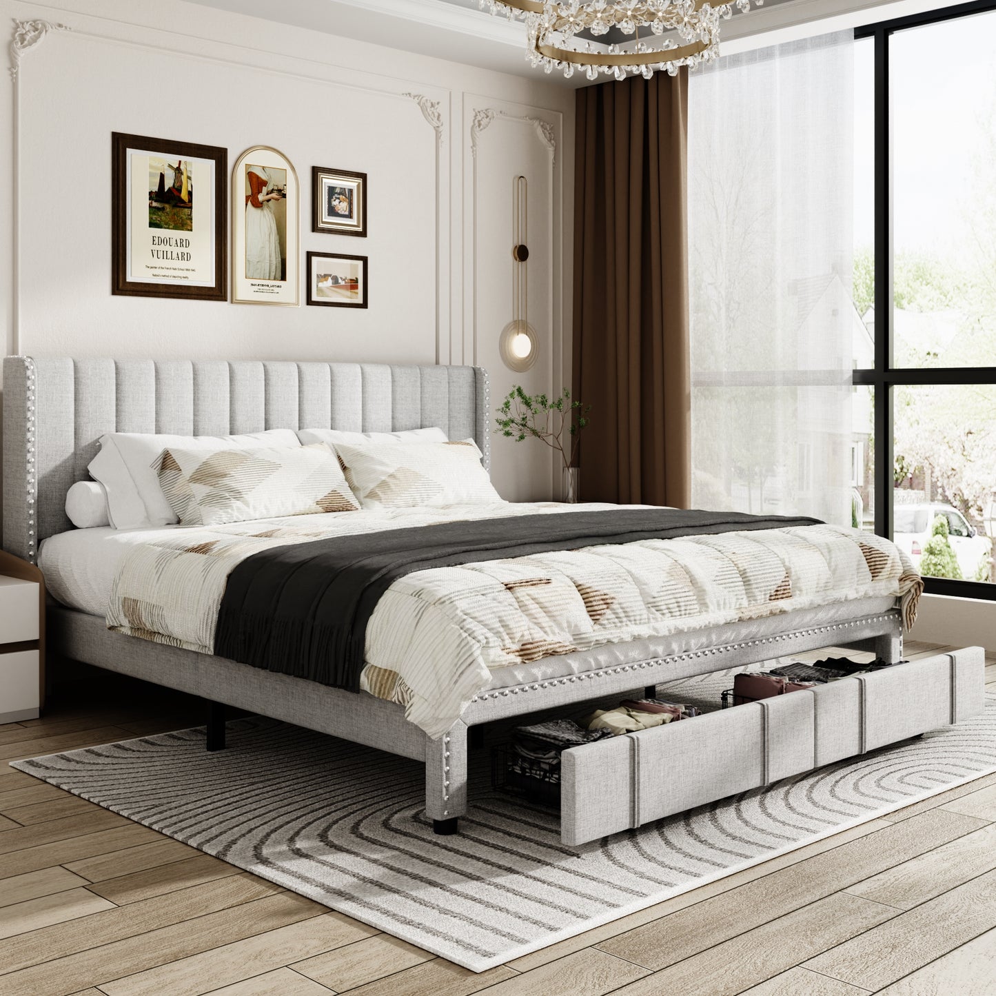 VIPLOV Size Upholstered Platform Bed Frame with Storage Drawer, Vertical Channel Tufted Wingback and Rivet Decor Headboard