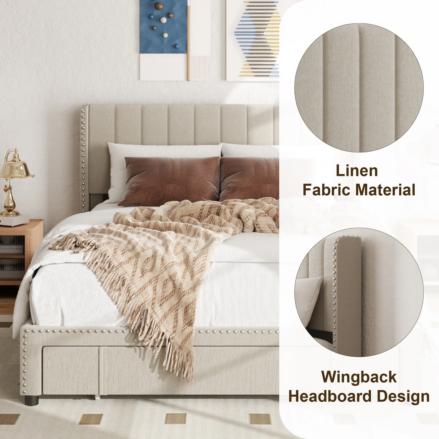 VIPLOV Size Upholstered Platform Bed Frame with Storage Drawer, Vertical Channel Tufted Wingback and Rivet Decor Headboard