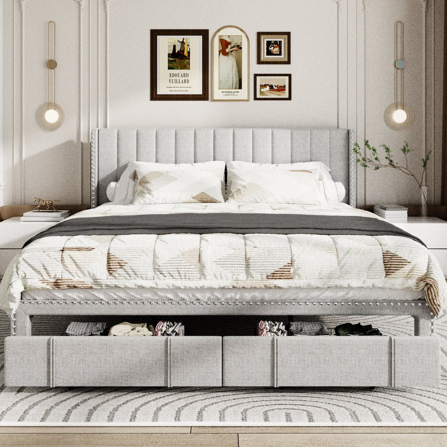 VIPLOV Size Upholstered Platform Bed Frame with Storage Drawer, Vertical Channel Tufted Wingback and Rivet Decor Headboard