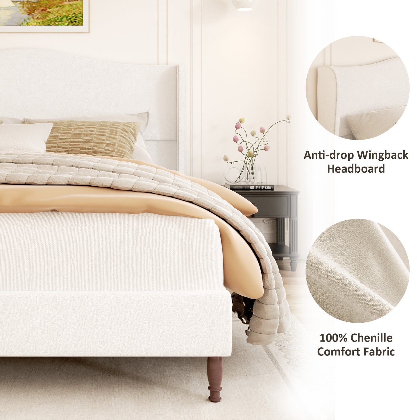 VIPLOV Bed Frame with 51" Tall Headboard, Chenille Upholstered Platform Bed Frames , No Box Spring Needed, Noise Free, Easy Assembly, Beige
