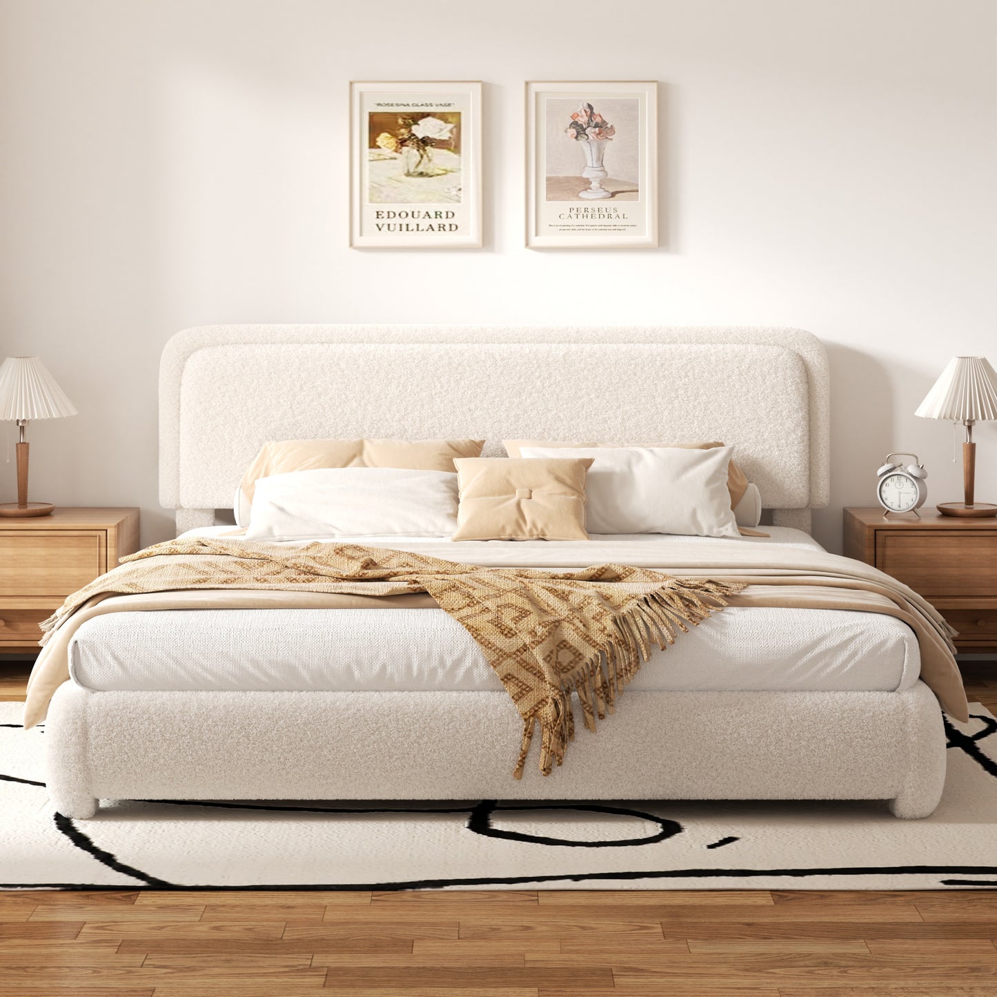 VIPLOV Size Boucle Bed Frame, Cloud Upholstered Platform Bed with Height Adjustable Headboard & Soft Rounded Corners, No Noise Free, Easy Assembly