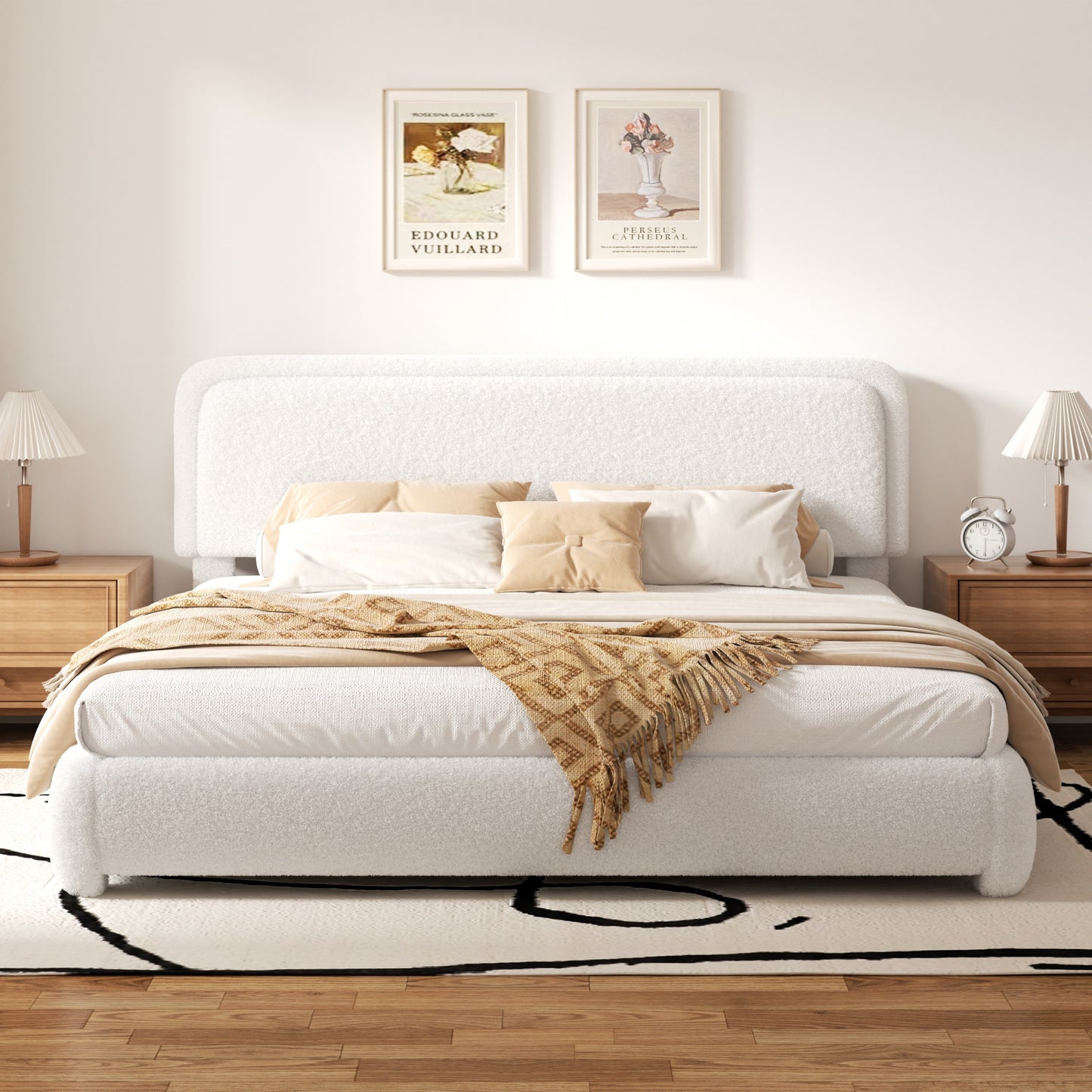 VIPLOV Size Boucle Bed Frame, Cloud Upholstered Platform Bed with Height Adjustable Headboard & Soft Rounded Corners, No Noise Free, Easy Assembly