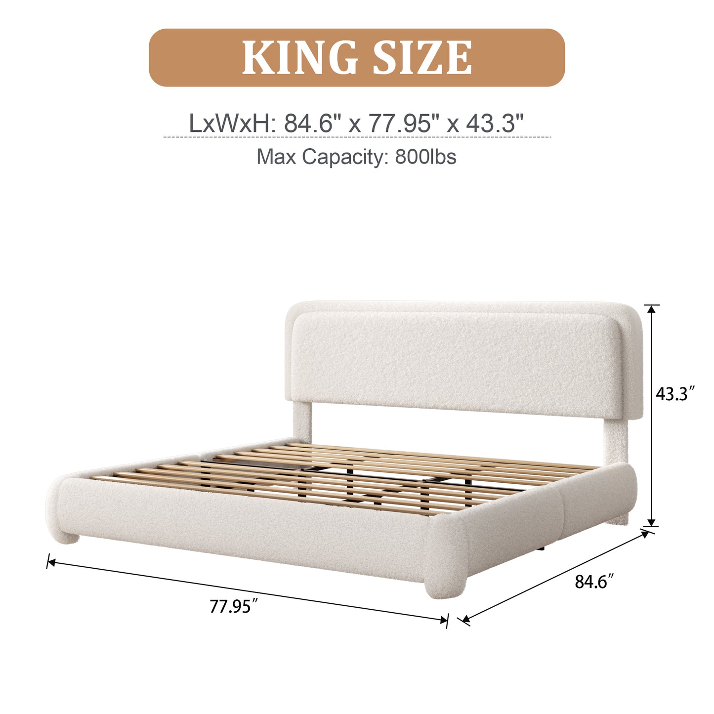 VIPLOV Size Boucle Bed Frame, Cloud Upholstered Platform Bed with Height Adjustable Headboard & Soft Rounded Corners, No Noise Free, Easy Assembly