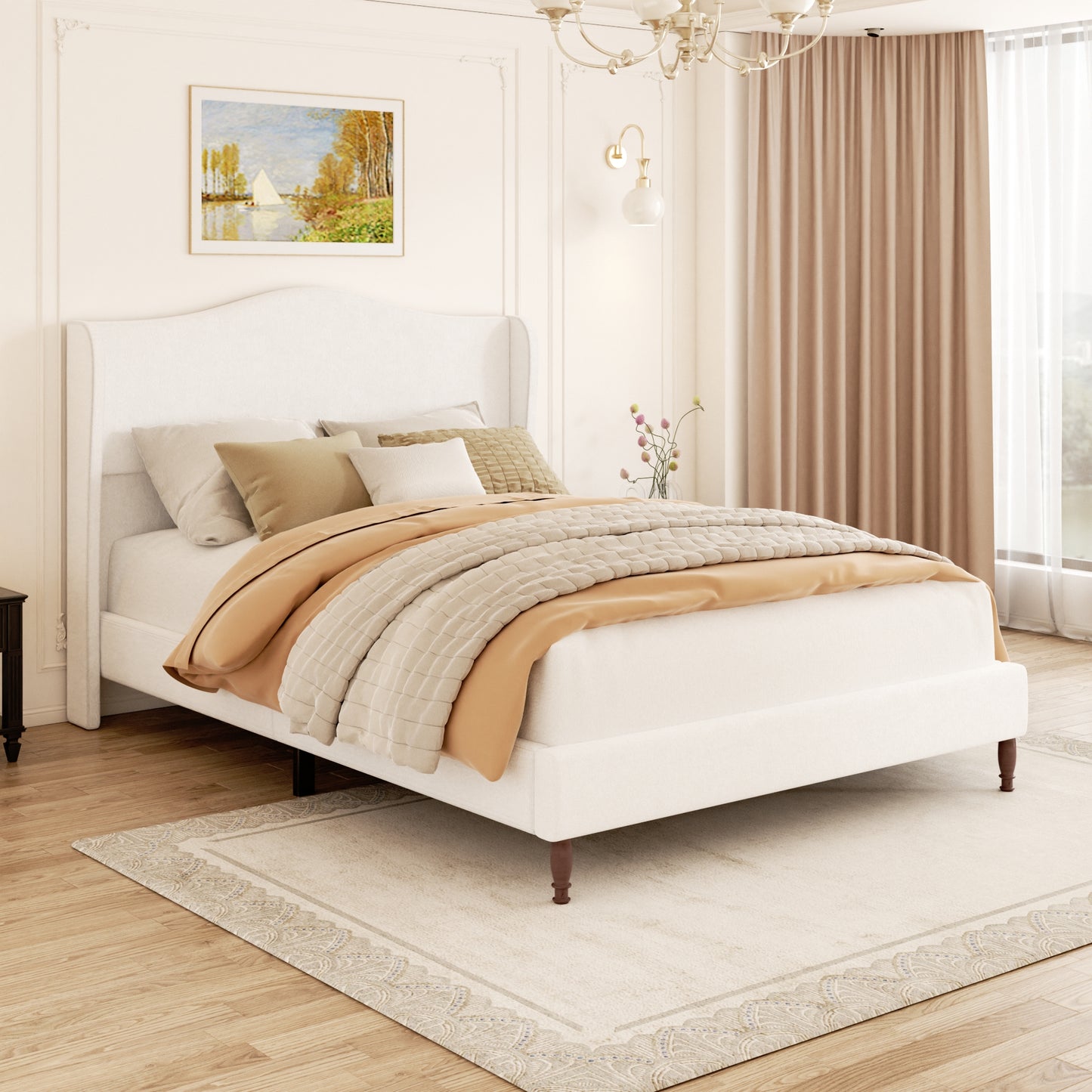 VIPLOV Bed Frame with 51" Tall Headboard, Chenille Upholstered Platform Bed Frames , No Box Spring Needed, Noise Free, Easy Assembly, Beige