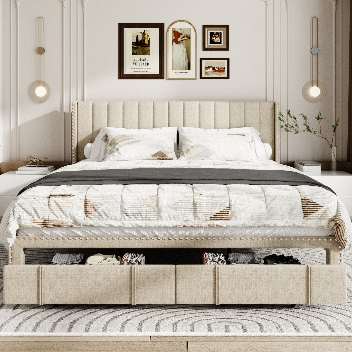 VIPLOV Size Upholstered Platform Bed Frame with Storage Drawer, Vertical Channel Tufted Wingback and Rivet Decor Headboard