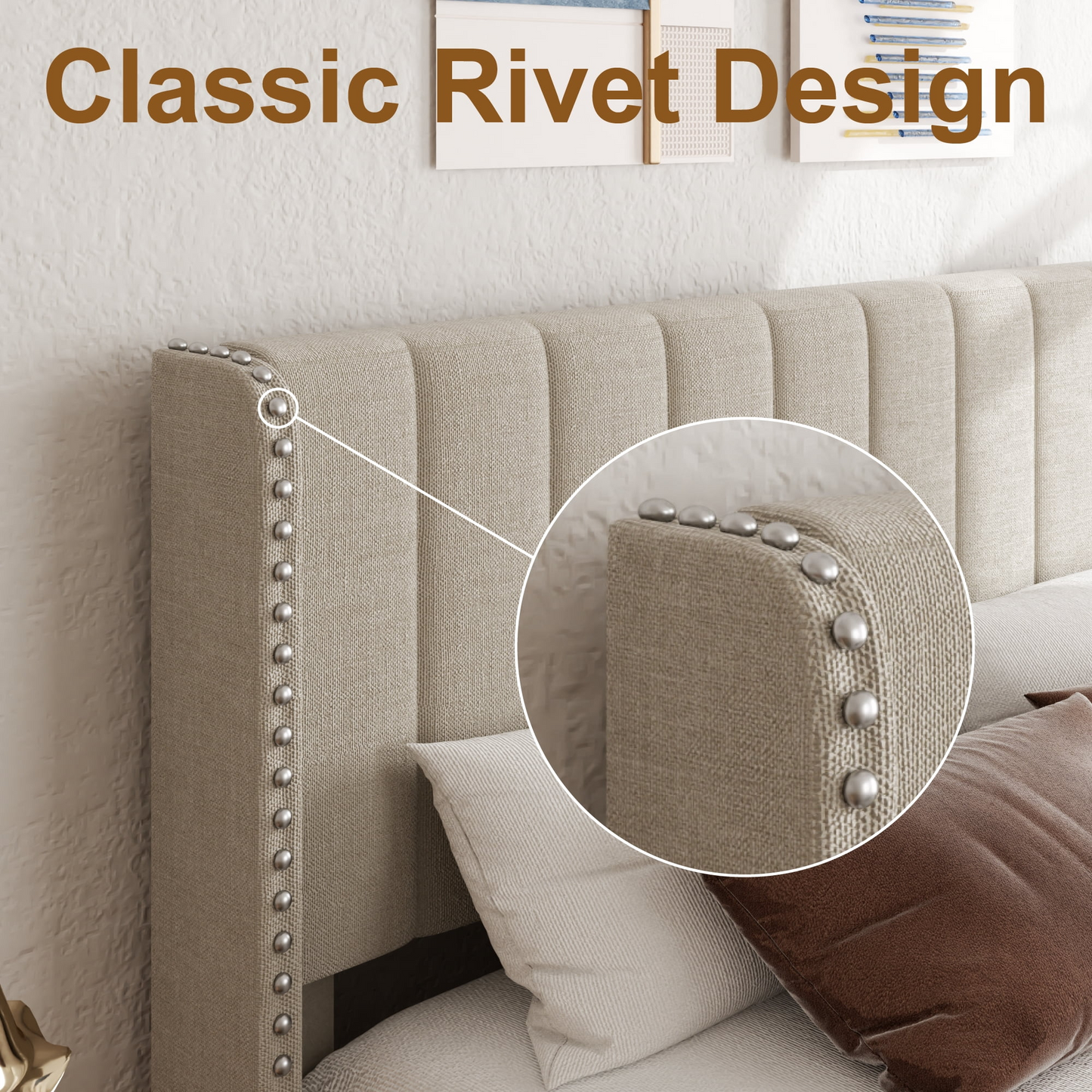VIPLOV Size Upholstered Platform Bed Frame with Storage Drawer, Vertical Channel Tufted Wingback and Rivet Decor Headboard