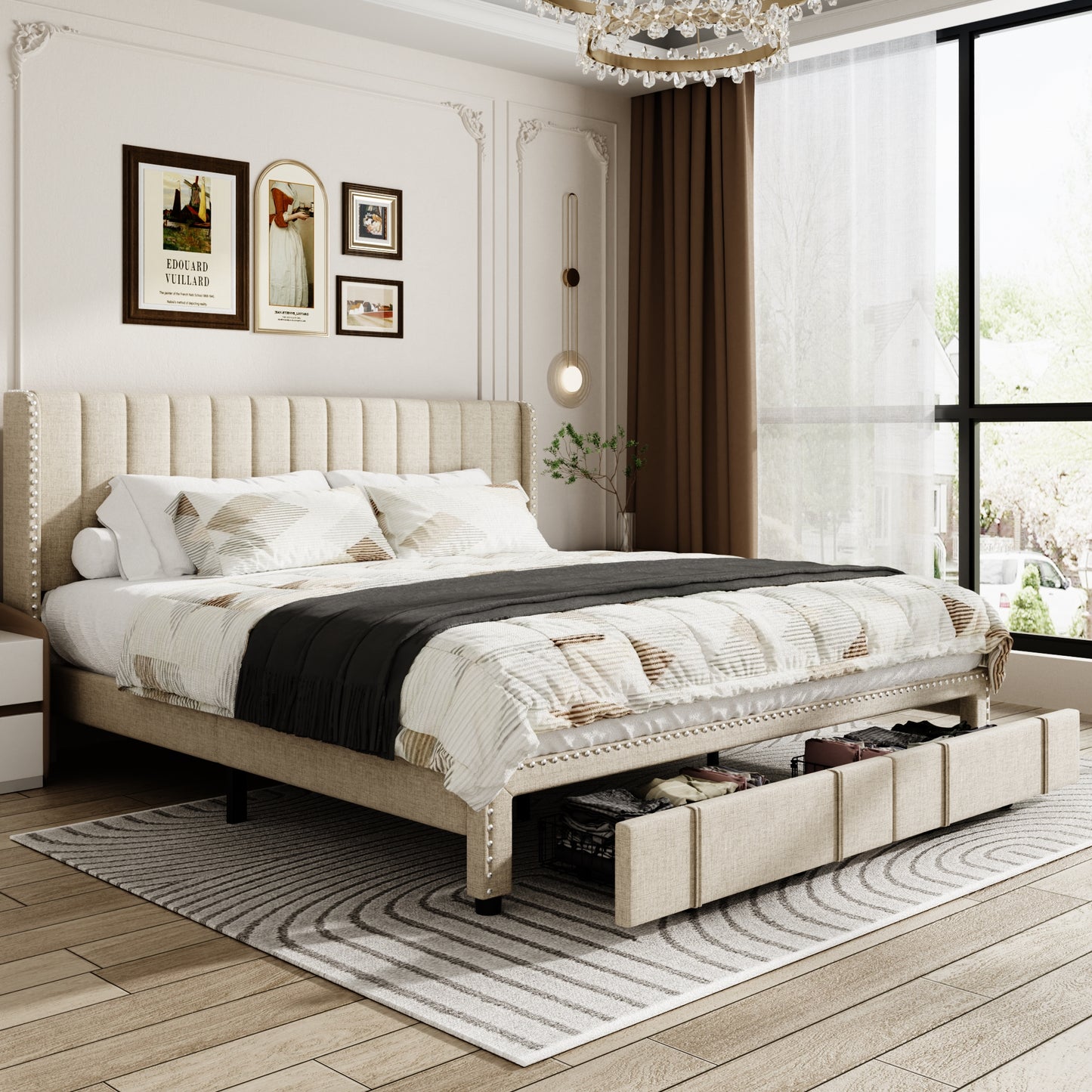 VIPLOV Size Upholstered Platform Bed Frame with Storage Drawer, Vertical Channel Tufted Wingback and Rivet Decor Headboard