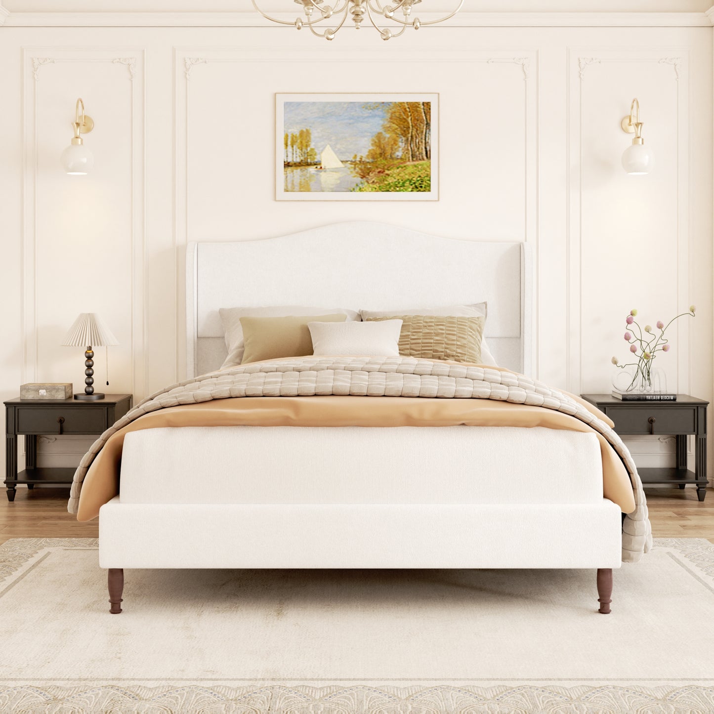 VIPLOV Bed Frame with 51" Tall Headboard, Chenille Upholstered Platform Bed Frames , No Box Spring Needed, Noise Free, Easy Assembly, Beige